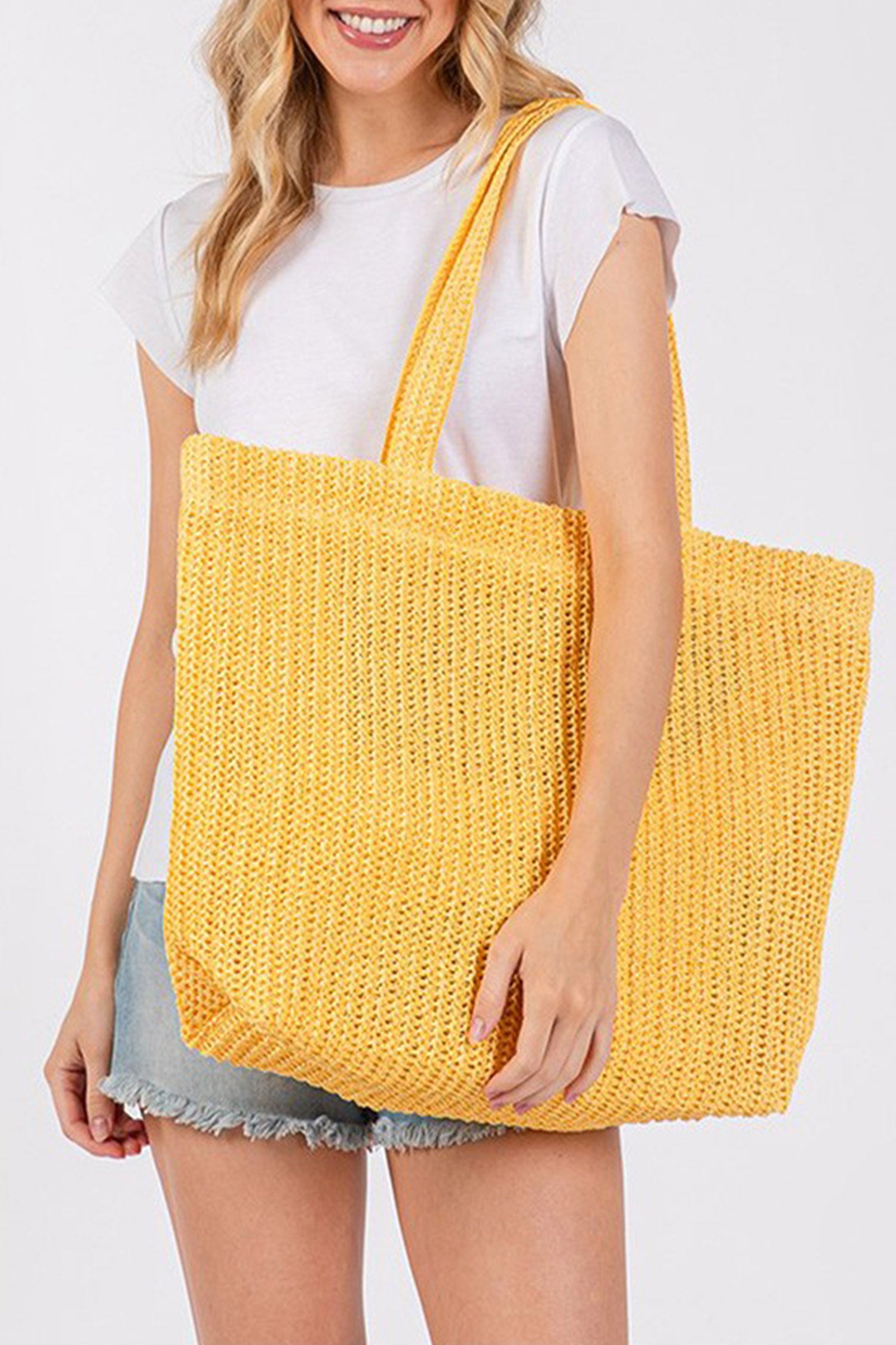 Ginger Solid Color Straw Woven Summer Beach Tote Bag