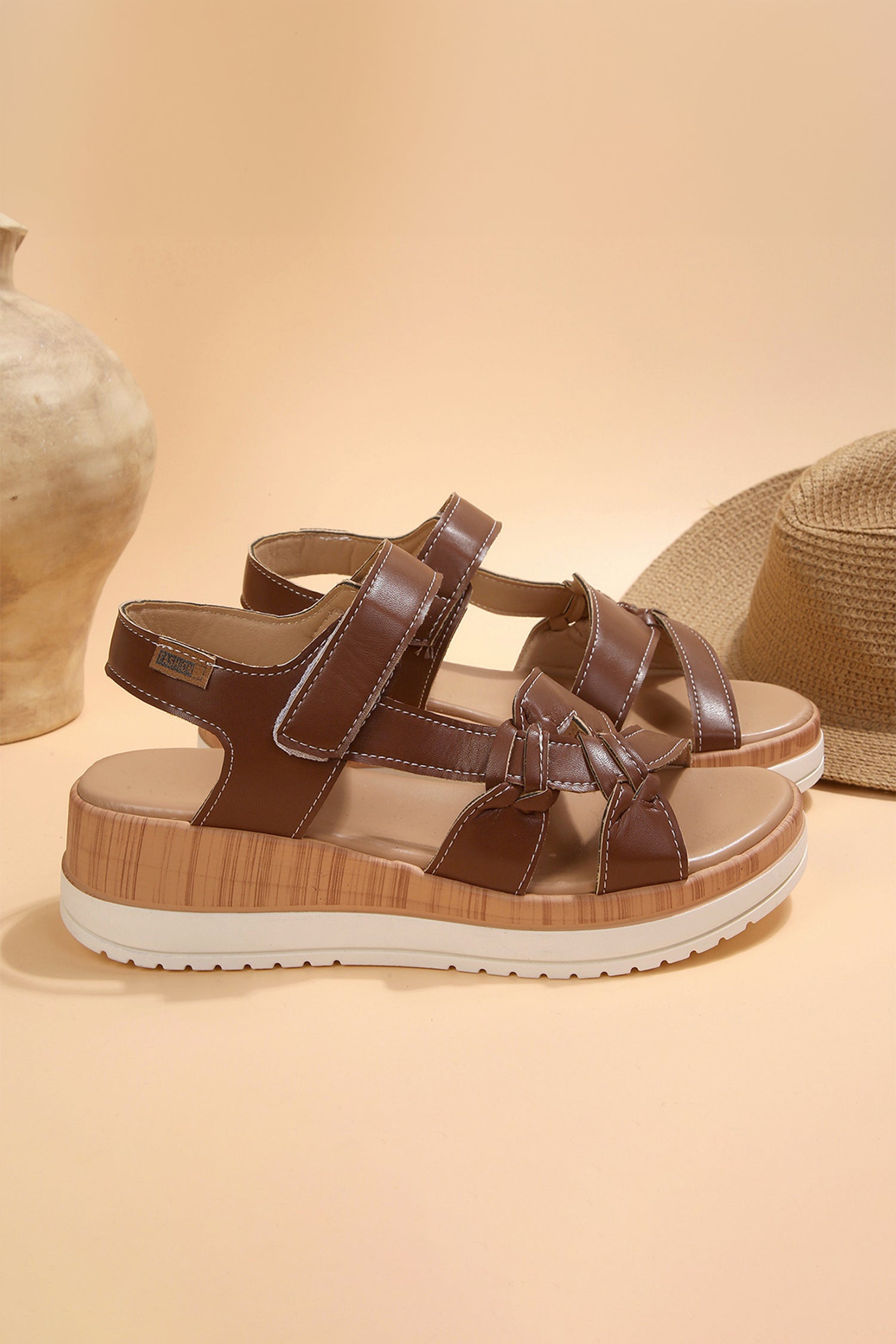Coffee Low Cut PU Leather Slip-on TPR Sole Casual Sandals