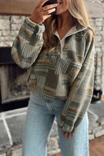 Green Western Print Fleece Pullover Long Sleeve Casual Fit Sweatshirt