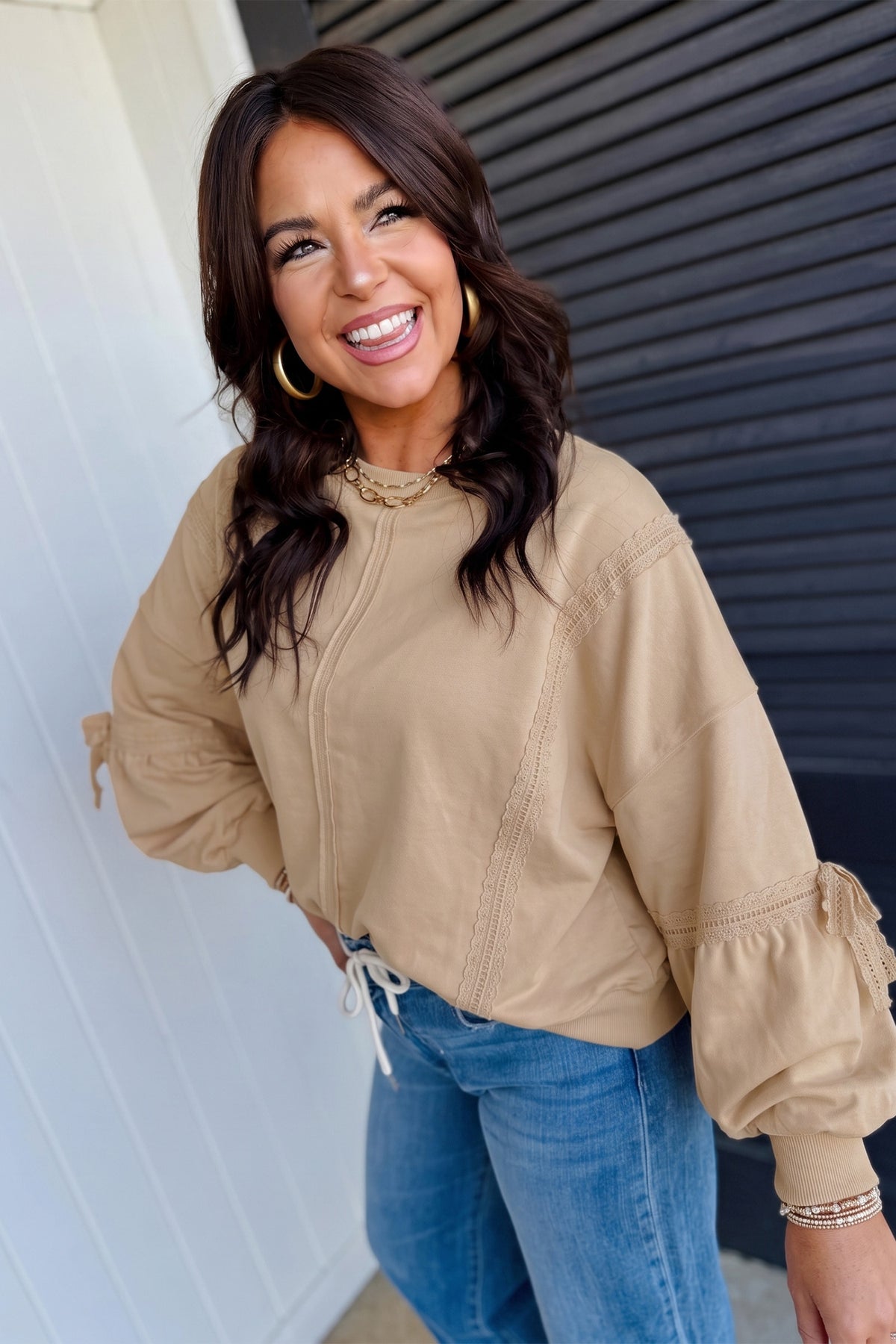Parchment Solid Color Raw Seam Lace Detail Loose Casual Sweatshirt