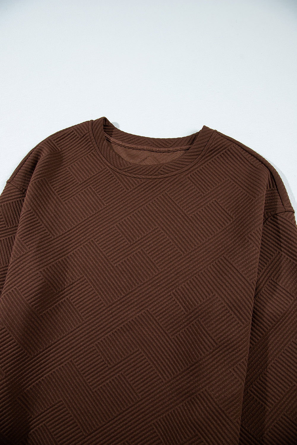 Coffee Solid Color Textured Round Neck Drop Shoulder Pullover Sweatshirt