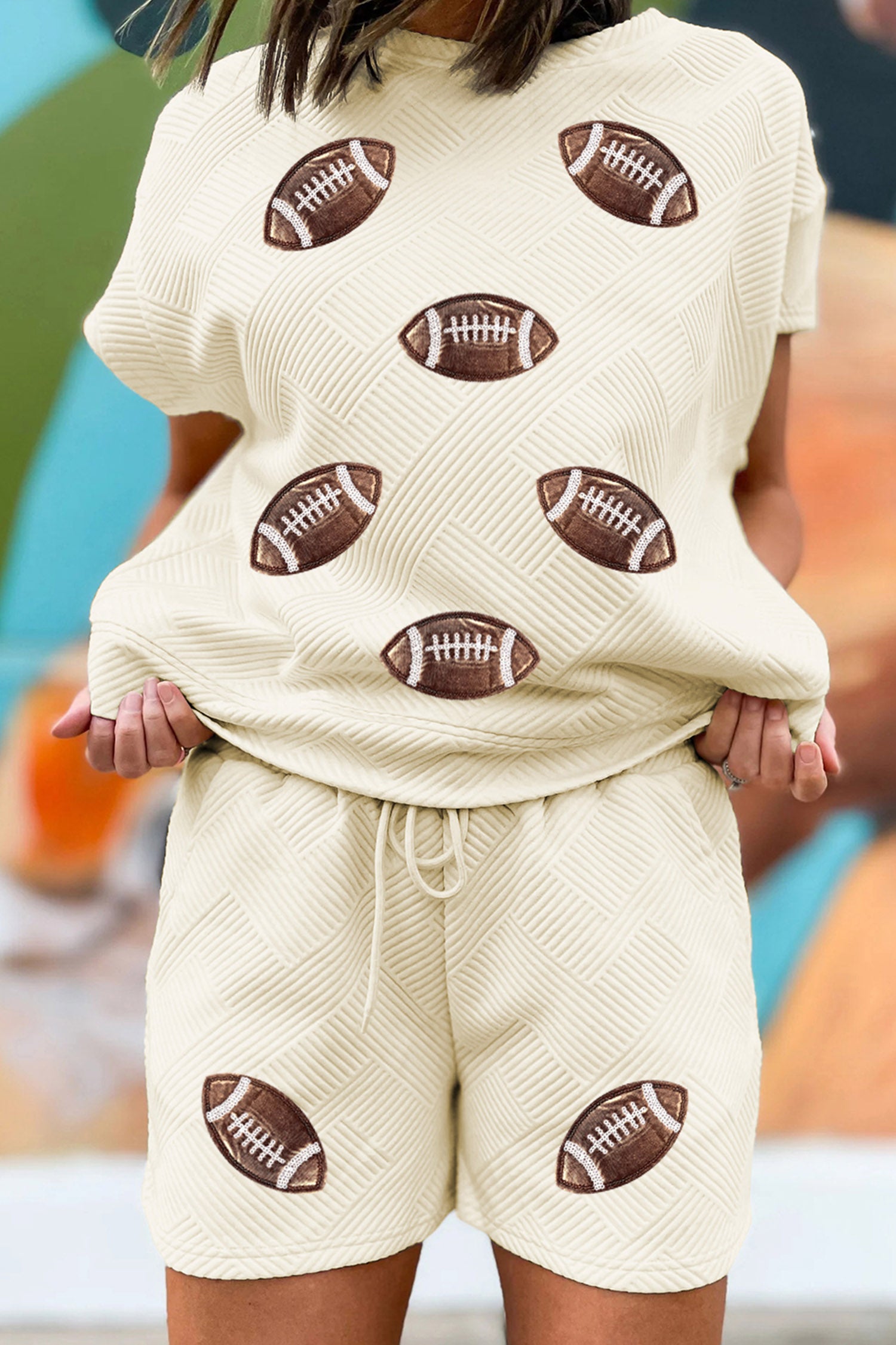 Apricot Quilted Texture Rugby Graphic Short Sleeve Drawstring 2pcs Short Set