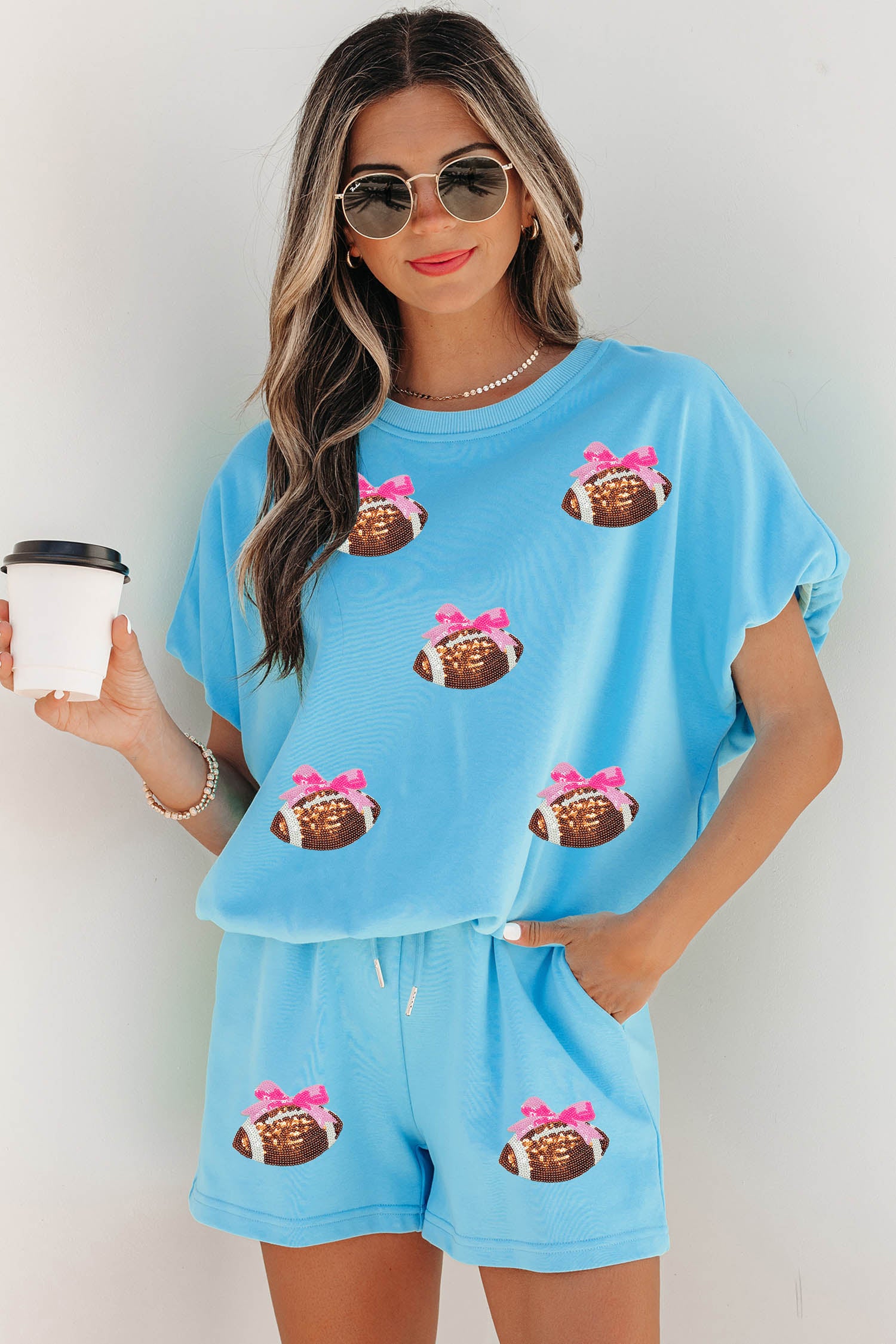 Light Blue Sequin Bow Rugby Pattern Short Sleeve Loose Two Piece Set