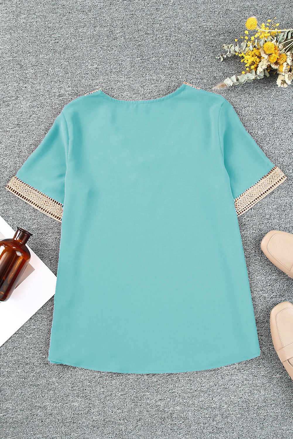 Green Lace Trim V Neck Short Sleeve Blouse