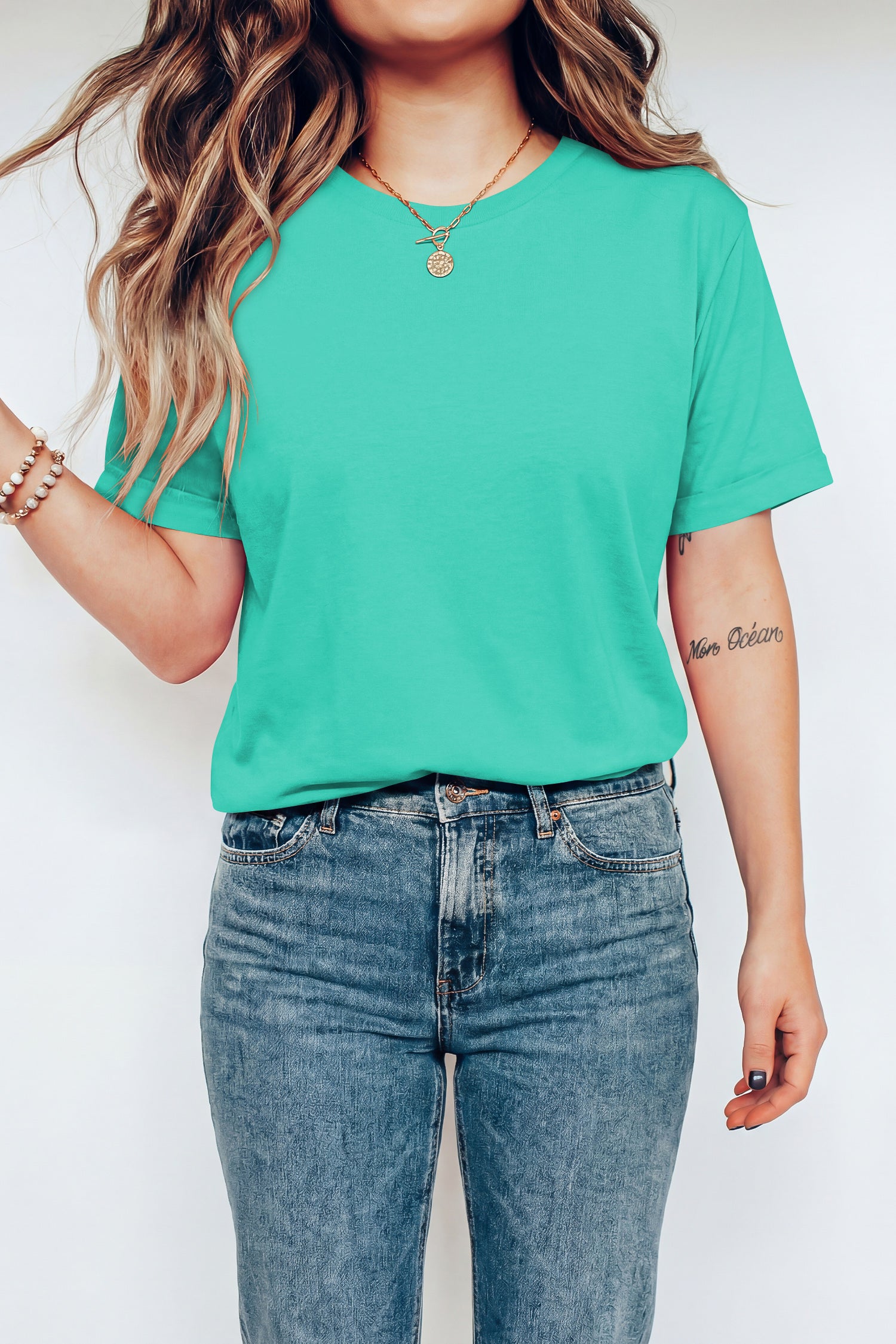 Mint Green Casual Plain Crew Neck Tee