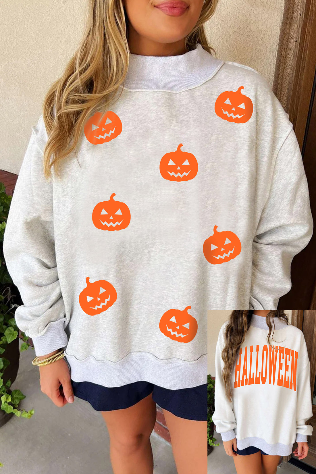 Light Grey Halloween Pumpkin Face Print Pullover Mock Neck Sweatshirt
