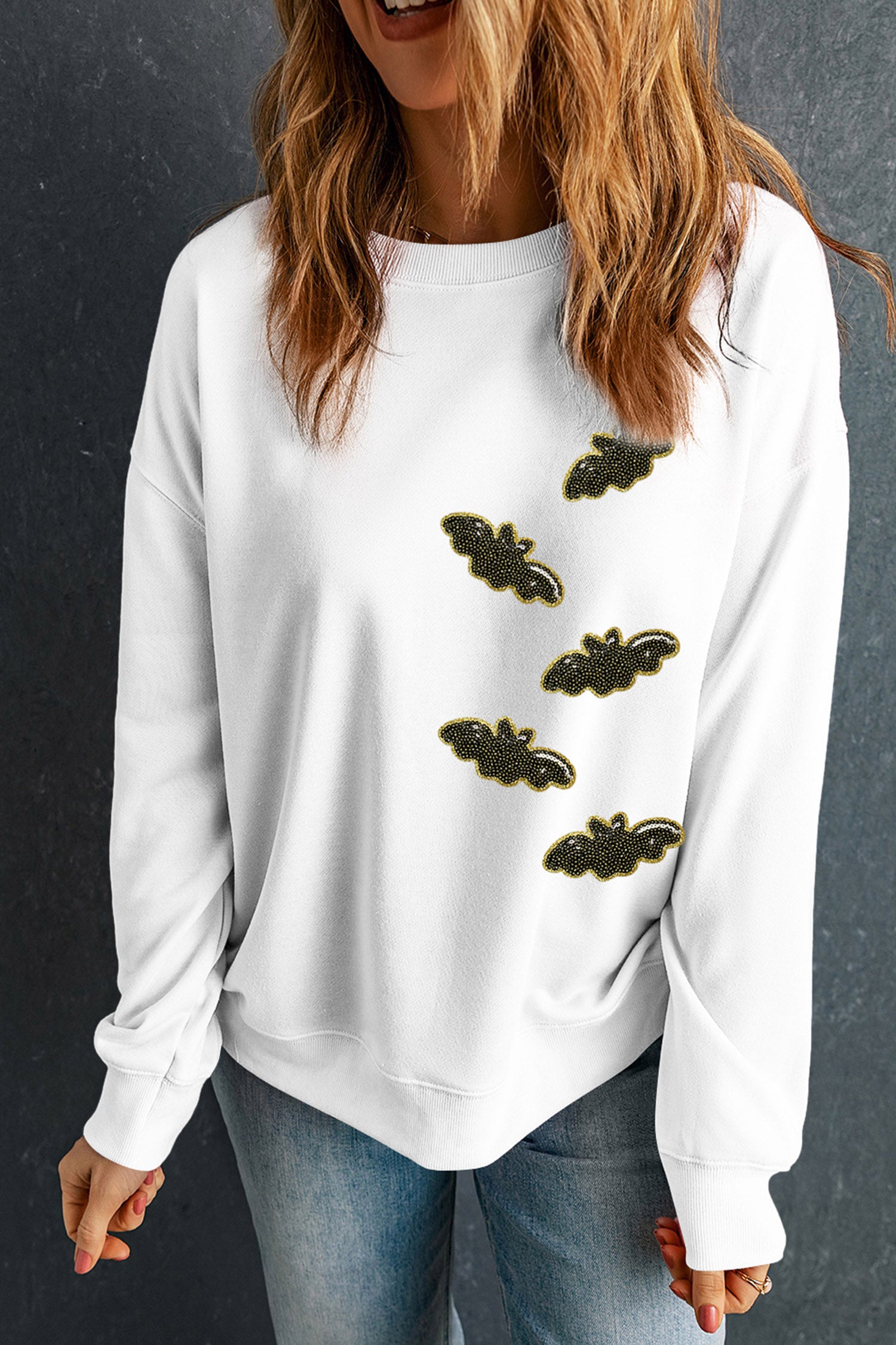 White Sequin Bat Pullover Drop Shoulder Halloween Sweatshirt