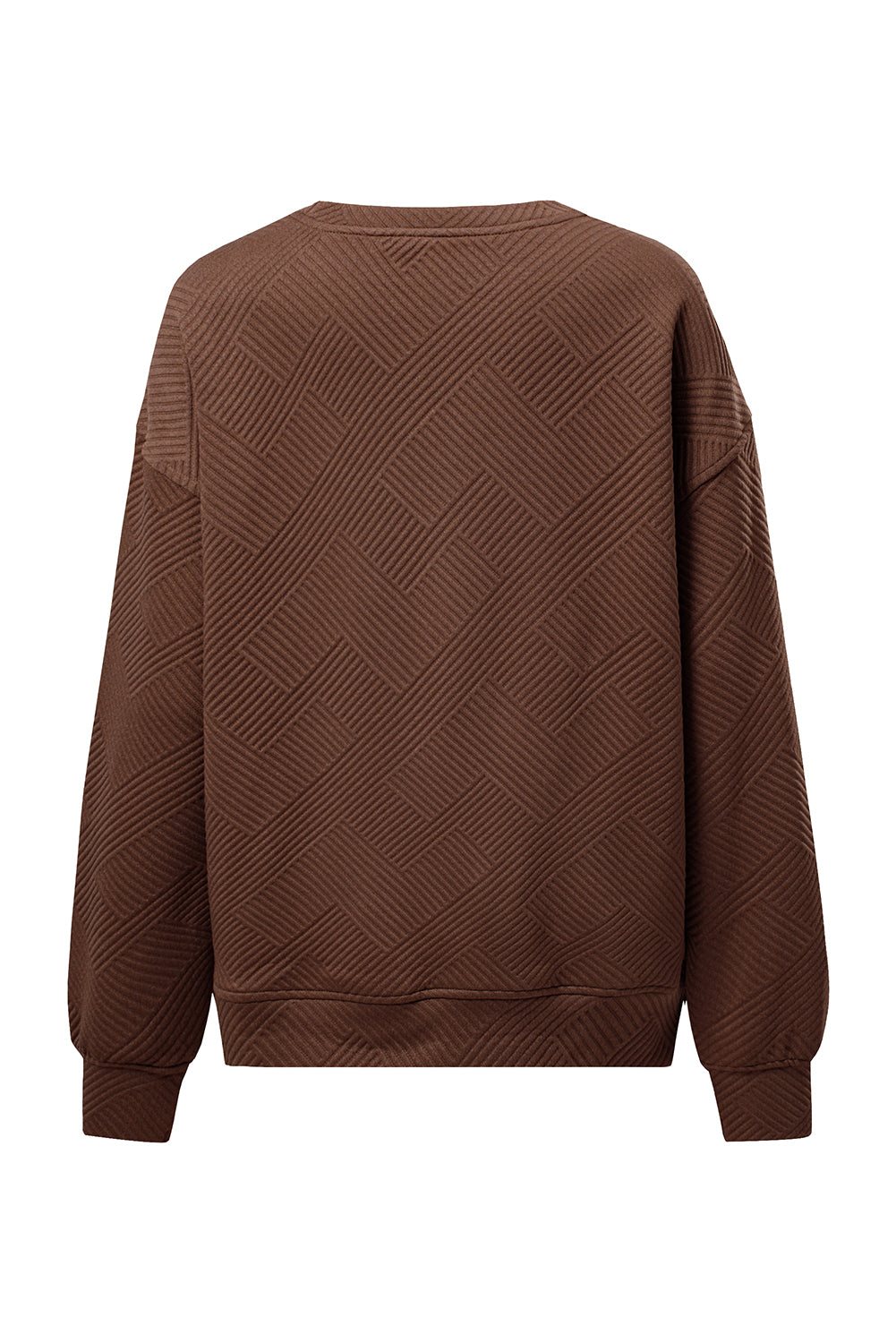 Coffee Solid Color Textured Round Neck Drop Shoulder Pullover Sweatshirt