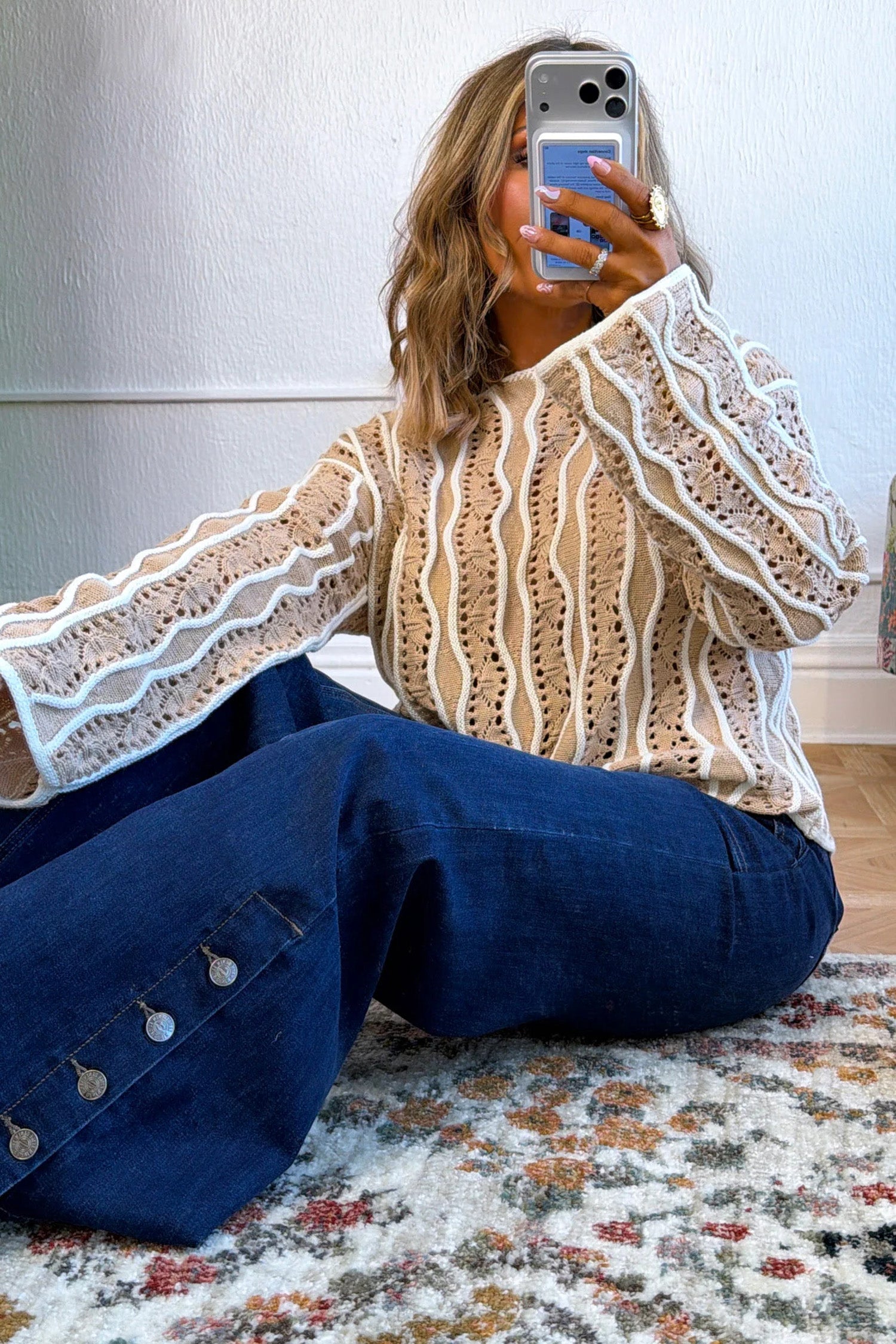 Khaki Wavy Detail Hollow Out Knit Long Sleeve Cotton Pullover Sweater