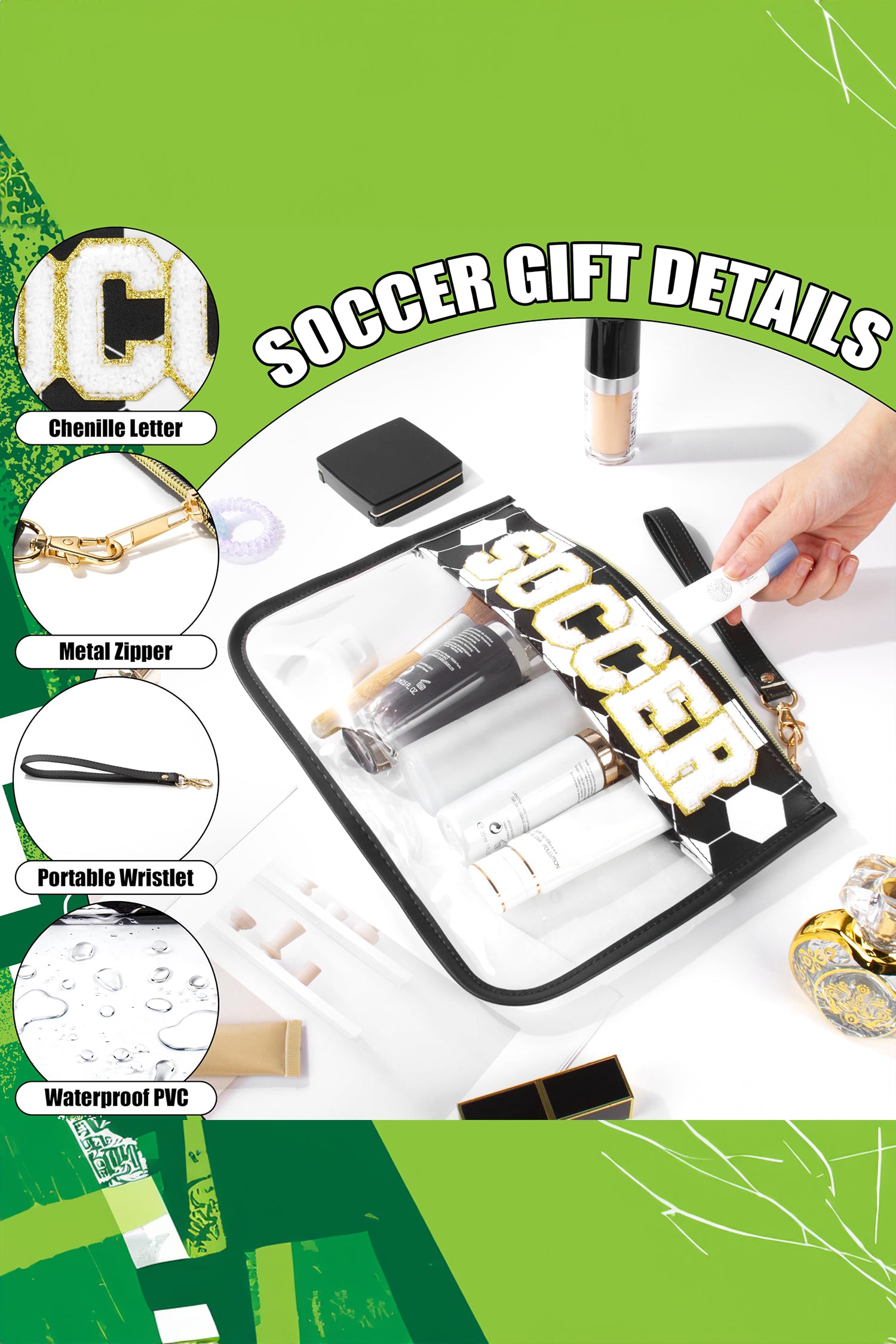Color black SOCCER Chenille Letter Patch Game Day Stadium Clear PVC Cosmetic Bag