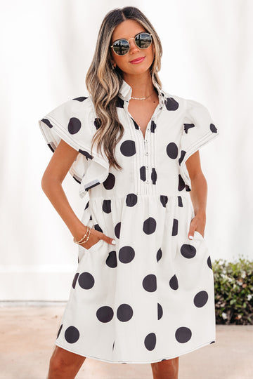 White Polka Dot Print Half Button Ruffled Short Sleeve Loose Mini Dress