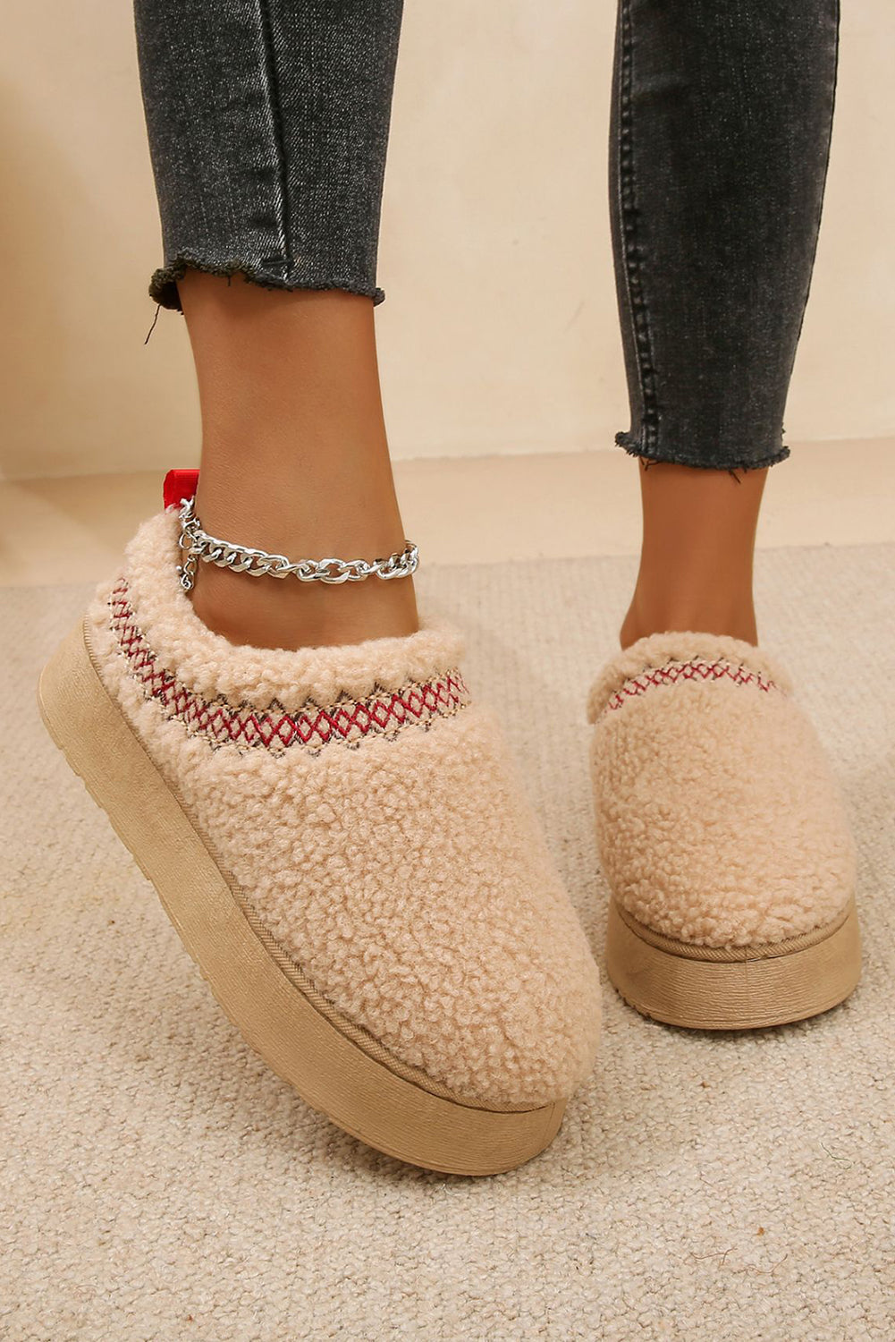 Oatmeal Embroidered Sherpa Plush Thick Sole Snow Boots