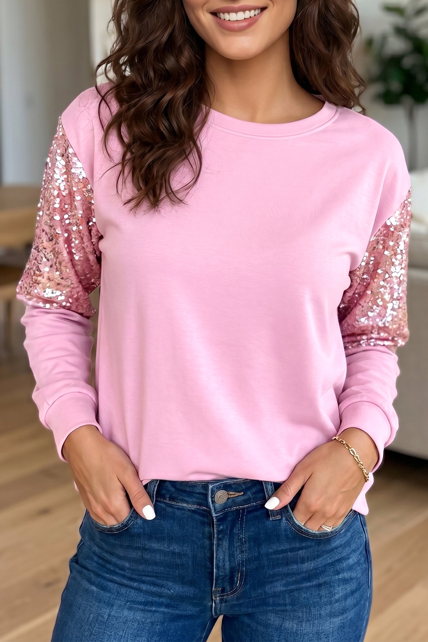 Pink Long Sleeve Sequin Round Neck Pullover Top