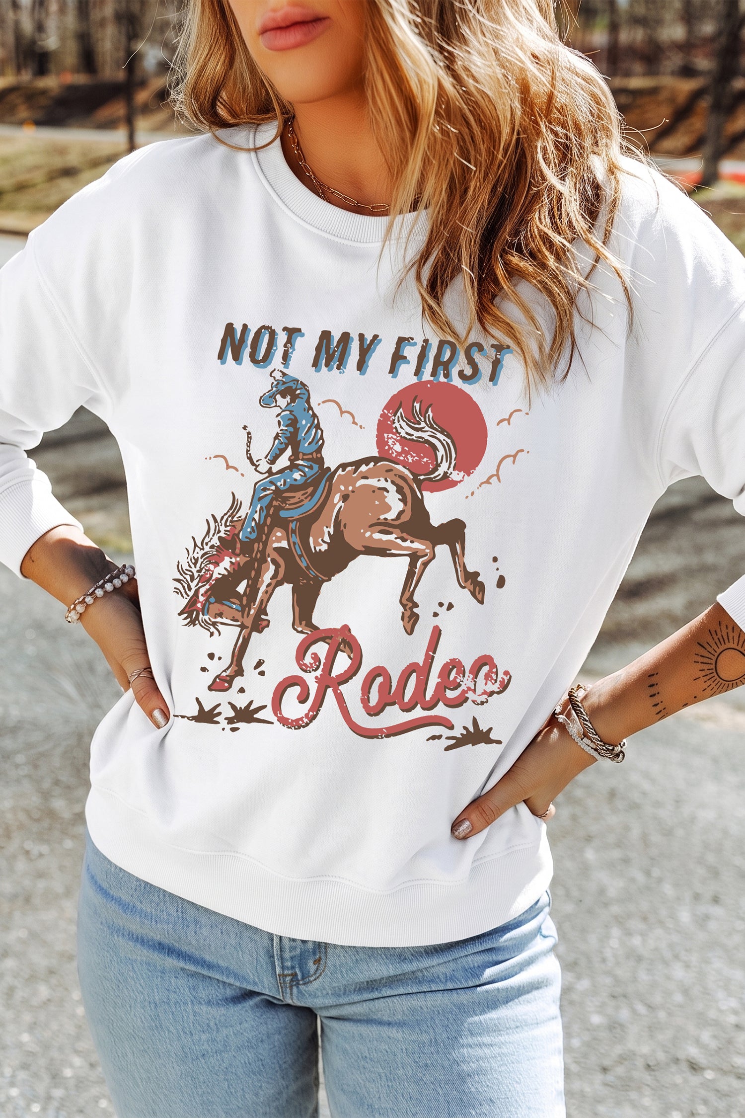White NOT MY FIRST Rodeo Western Print Pullover Sweatshirt