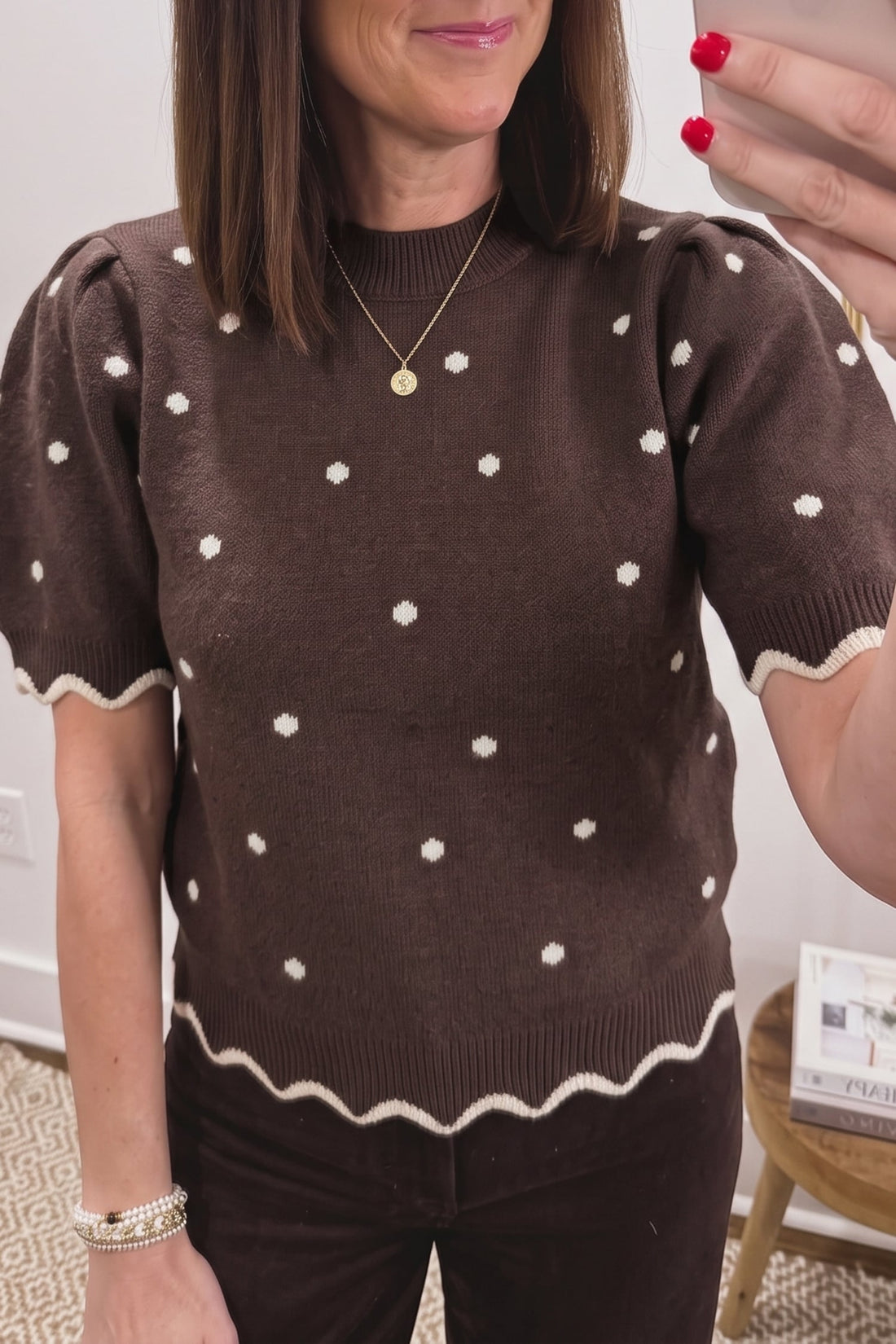 Coffee Polka Dot Knit Contrast Scalloped Trim Short Sleeve Mock Neck Sweater