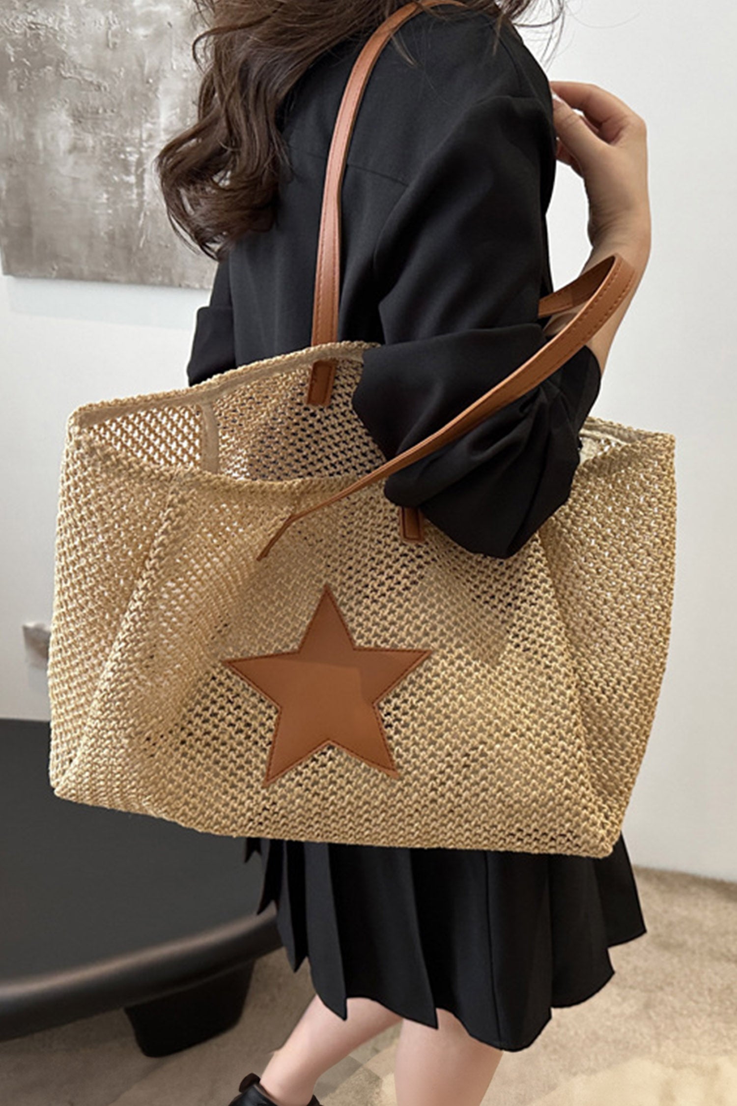 Parchment Boho Straw Woven Contrast Leather Star Detail Tote Bag