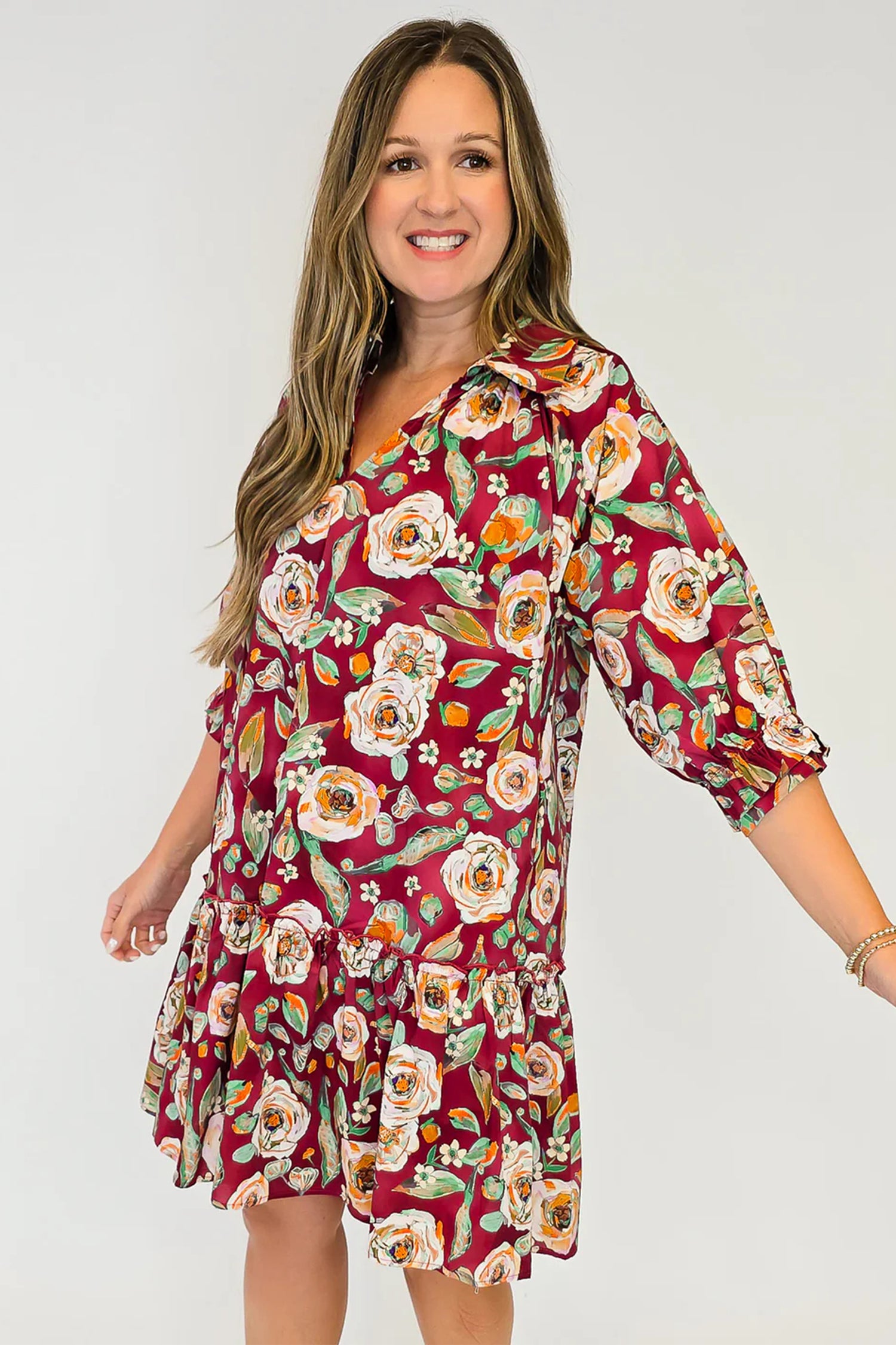 Red Floral Print Half Sleeve Short Shift Dress