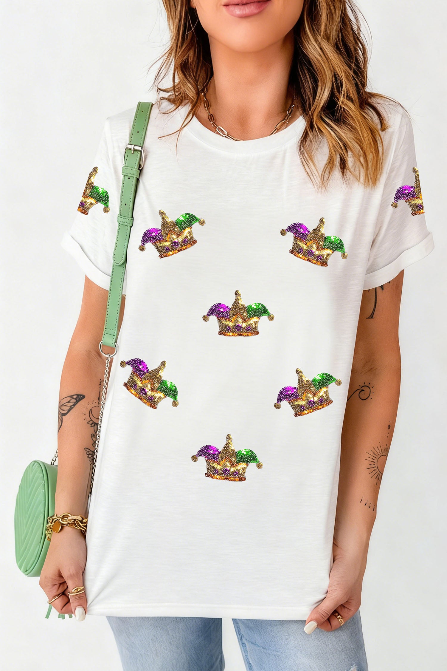 White Mardi Gras Sequin Crown Womens Casual T Shirt