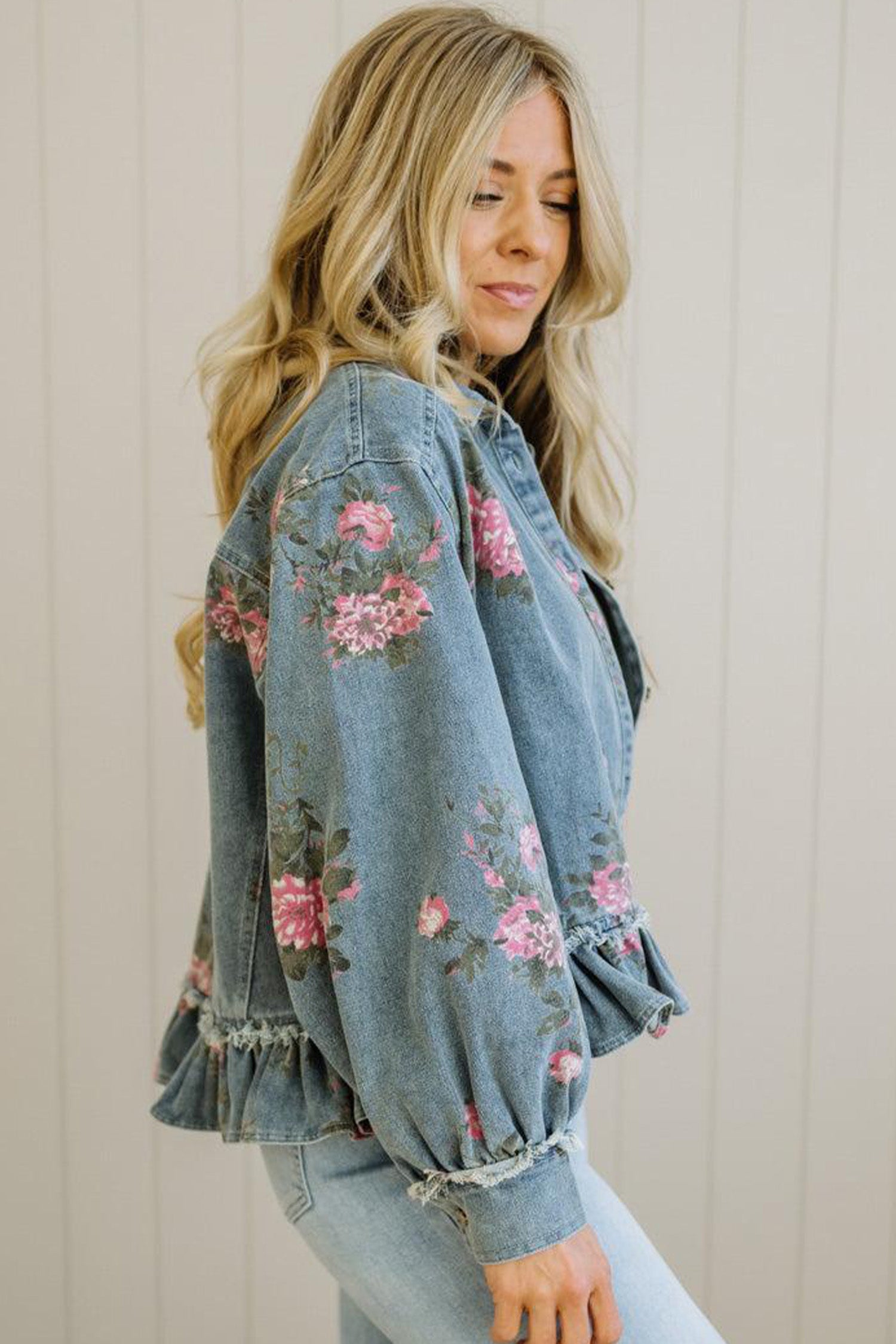Sky Blue Floral Print Raw Seam Ruffle Hem Denim Jacket