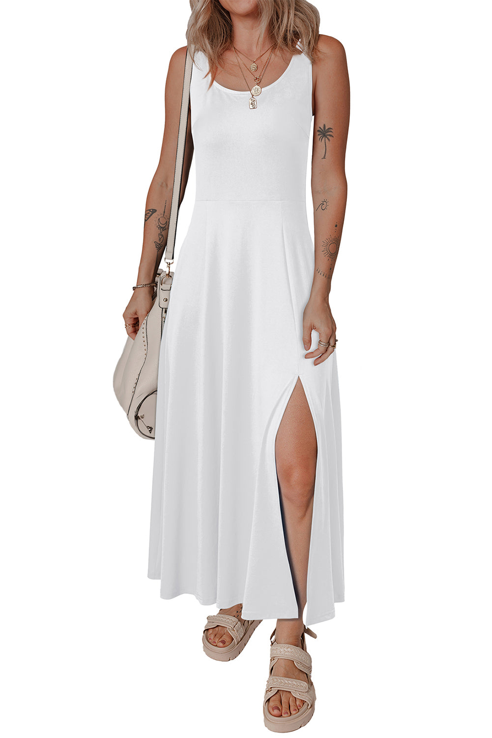 White Sleeveless Scoop Neck Flared Split Midi Dress