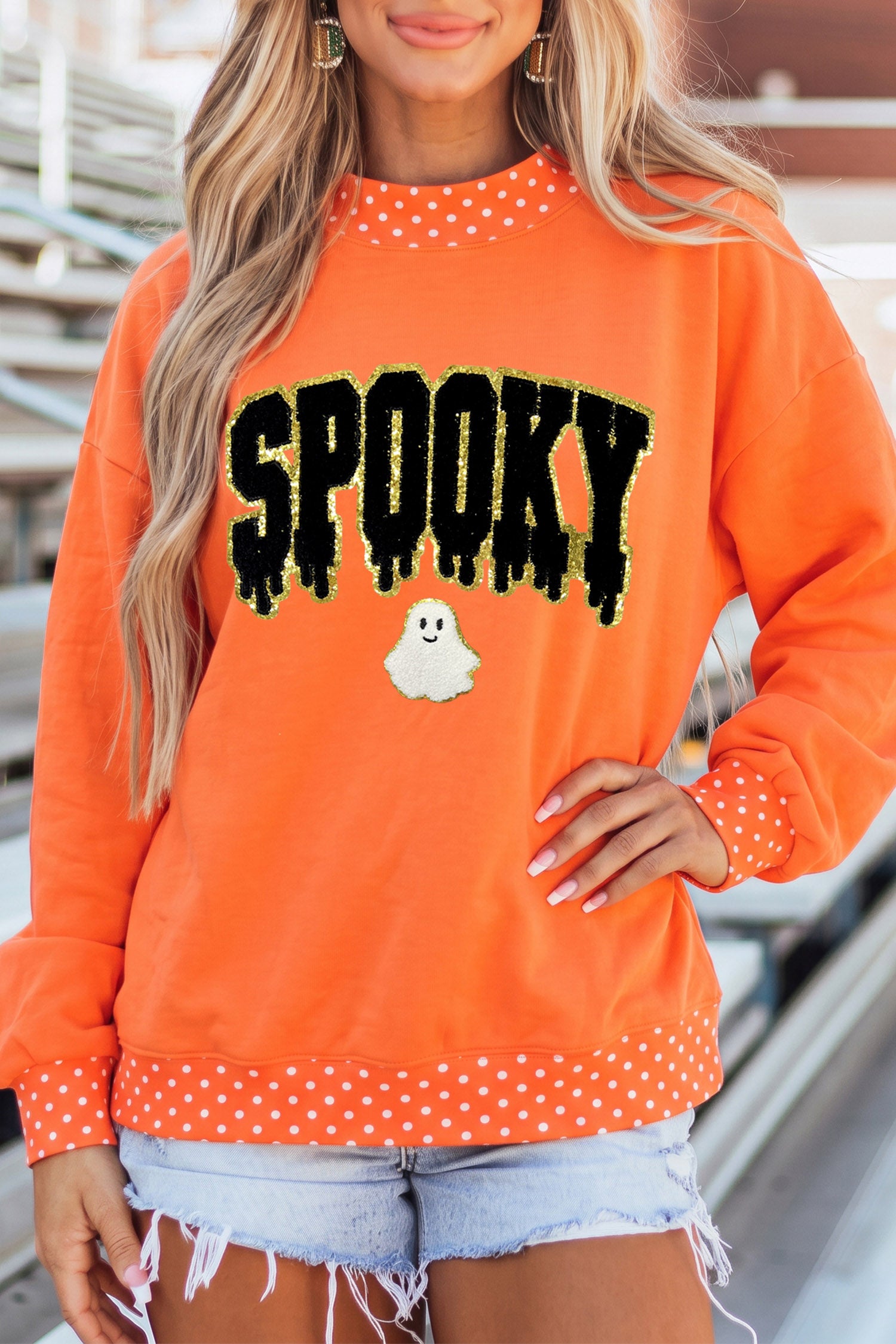 Orange Spooky Letter Print Polka Dot Trim Mock Neck Halloween Sweatshirt