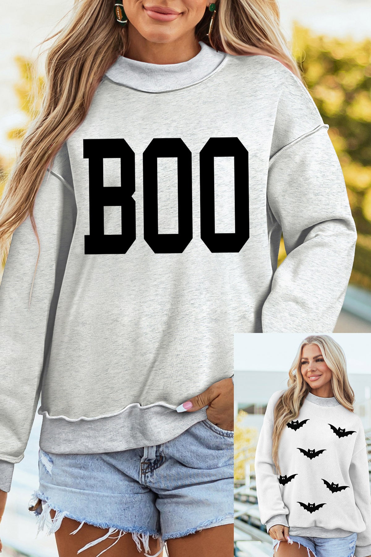 Light Grey BOO/ Halloween Bat Printed Reversible Mock Neck Pullover Sweatshirt