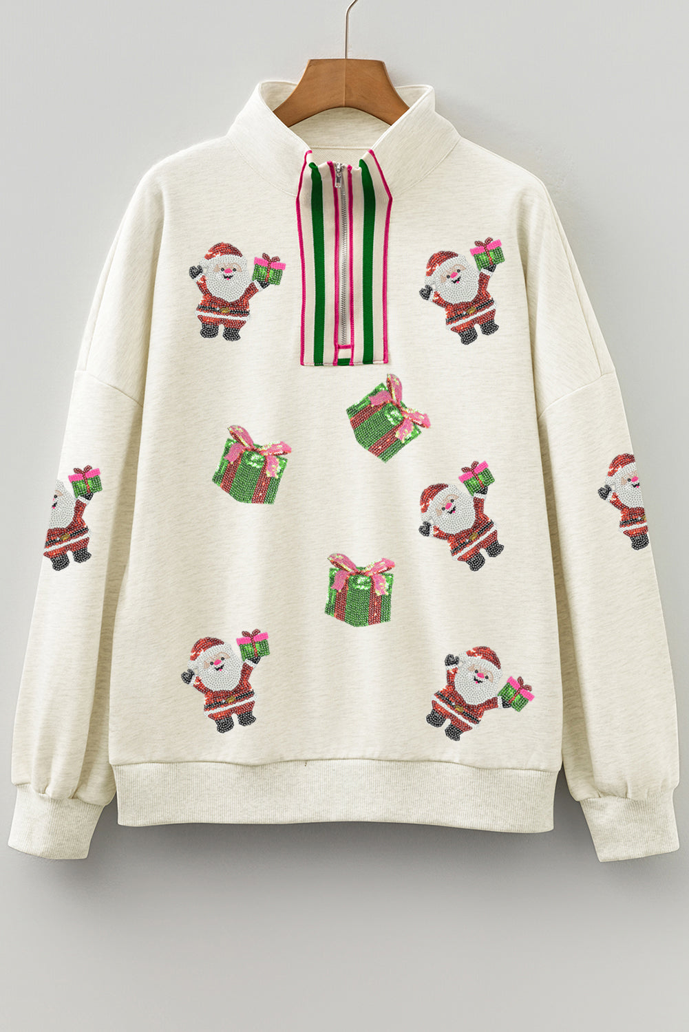 Light Grey Striped Patchwork Zip Neck Sequin Santa Gift Graphic Pullover Sweatshirt