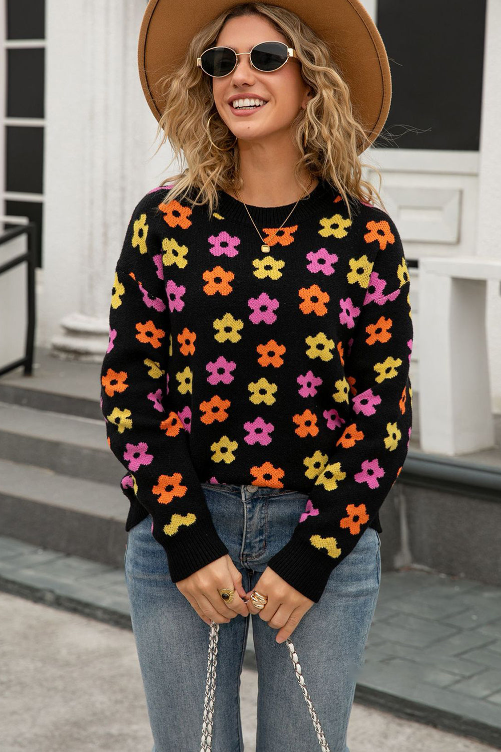 Black Cute Flower Allover Ribbed Trimmed Drop Shoulder Pullover Sweater