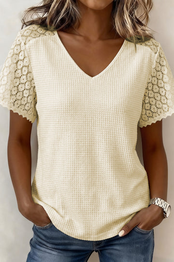 Beige Lace Splicing Button Cutout V Neck Waffle Knit Blouse