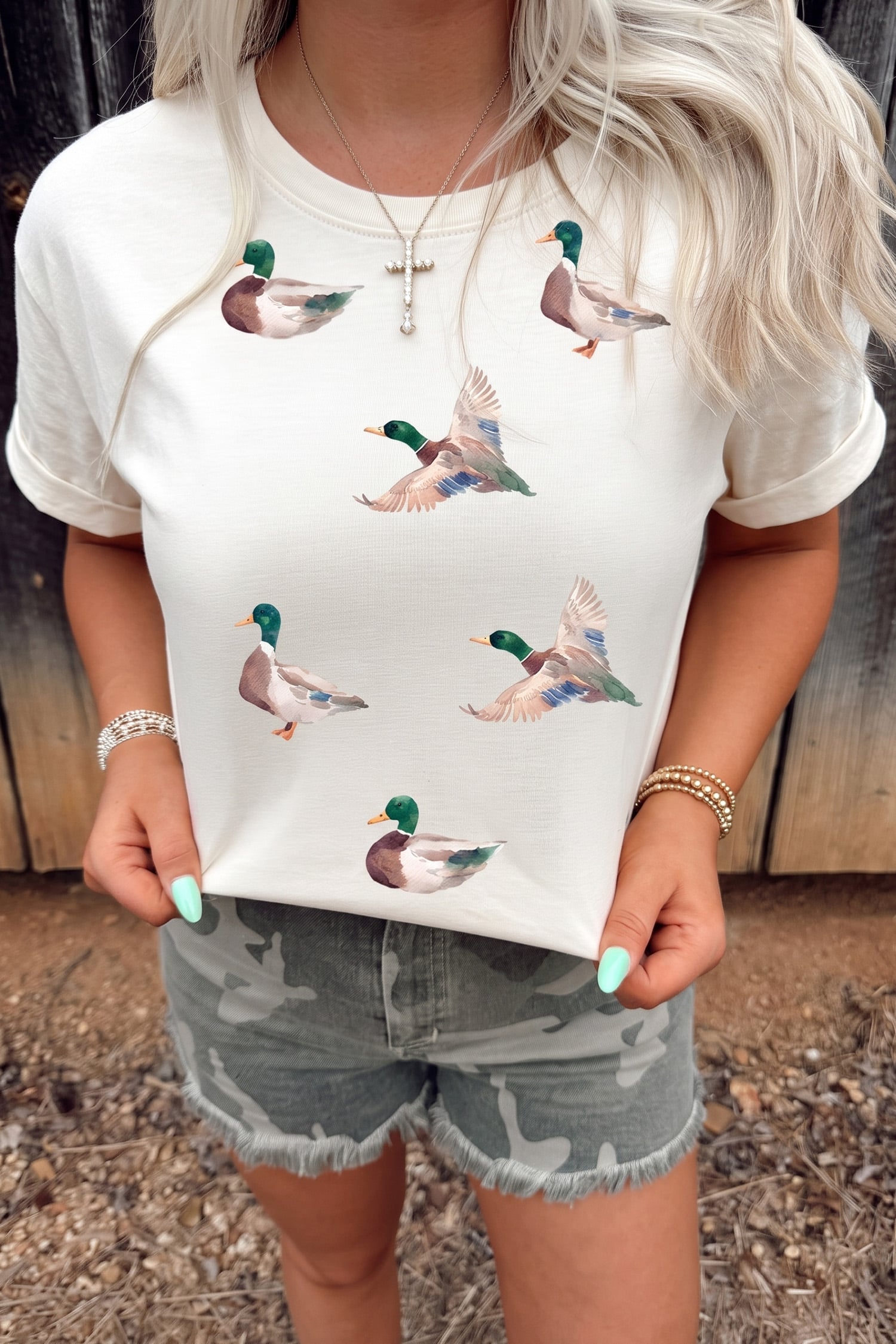 White Greenhead Duck Pattern Short Sleeve Round Neck T-Shirt