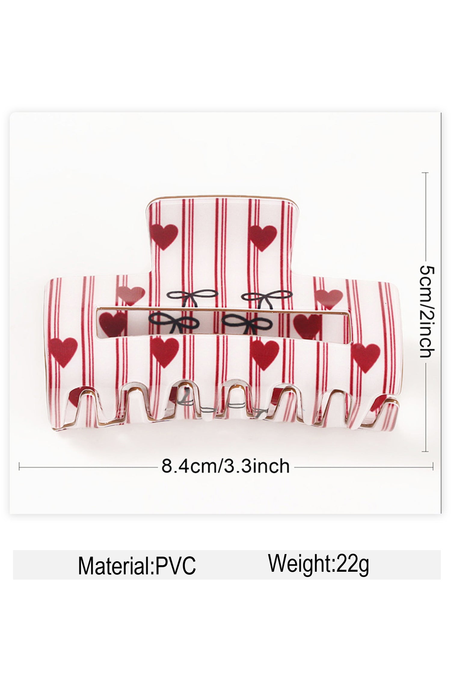 Fiery Red Striped Heart Contrast Bow Printed Rectangle Hair Claw Clip