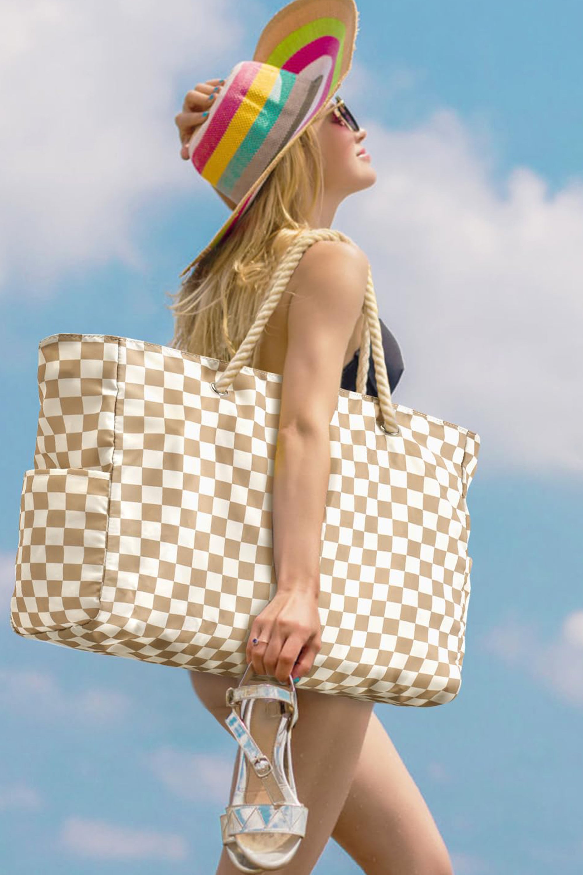 White Striped Waterproof Canvas Large Capacity Tote Bag