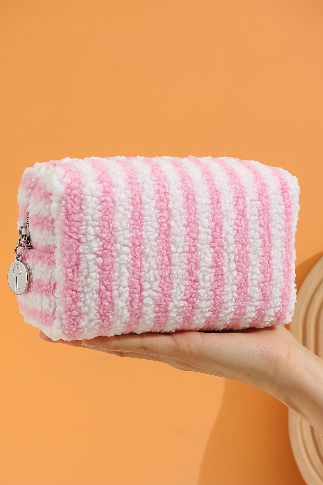 Pink Plush Striped Microfiber Cosmetic Bag with Key Charm Zipper Closure