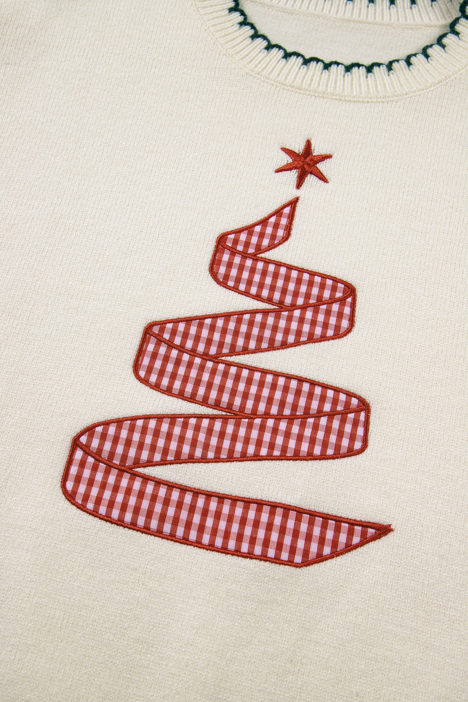 Beige Stitched Detail Christmas Tree Holiday Casual Sweater