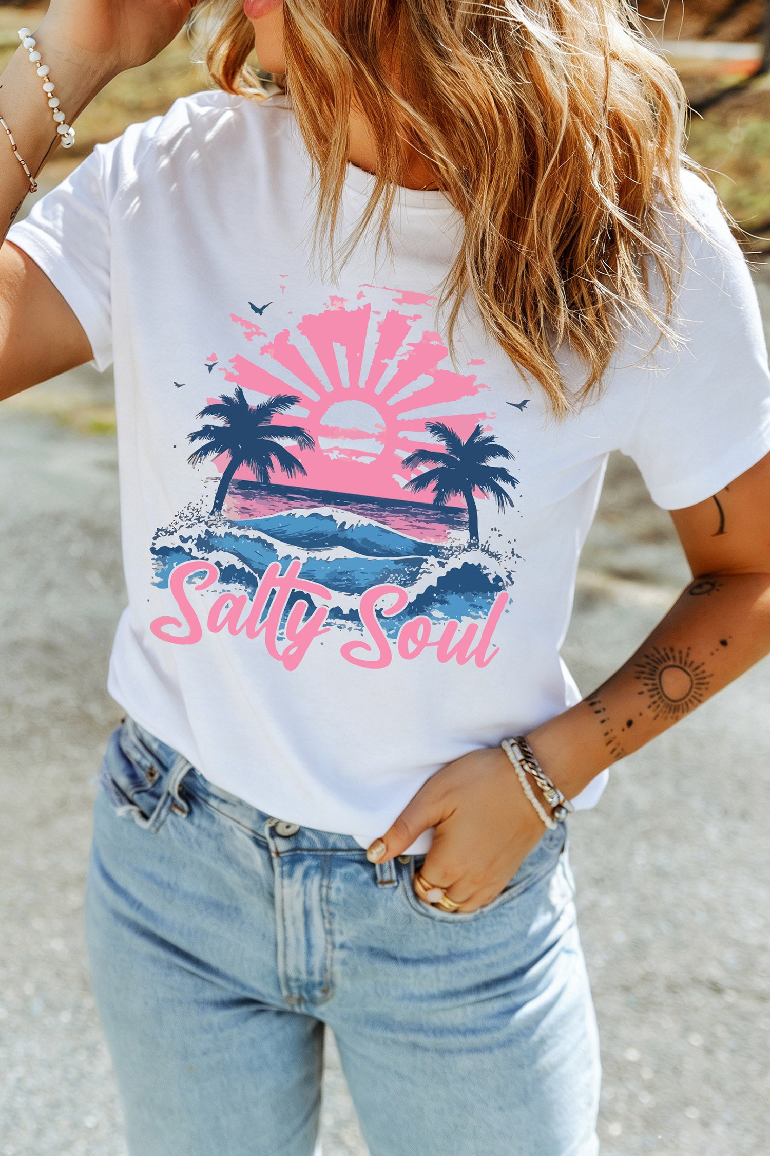White Salty Soul Beach Vacation Casual Graphic T Shirt