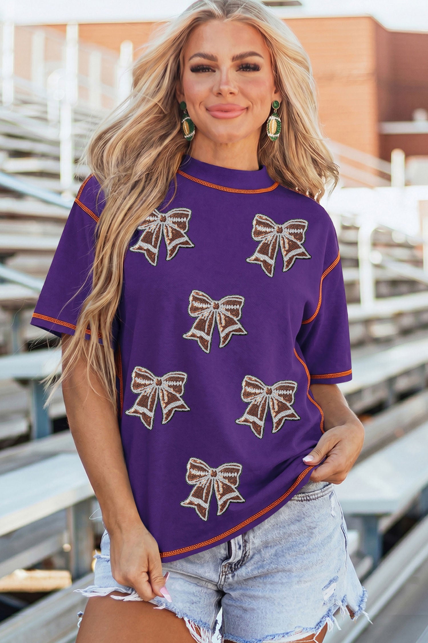 Tillandsia Purple Contrast Stitched Detail Sequin Bow Game Day T Shirt