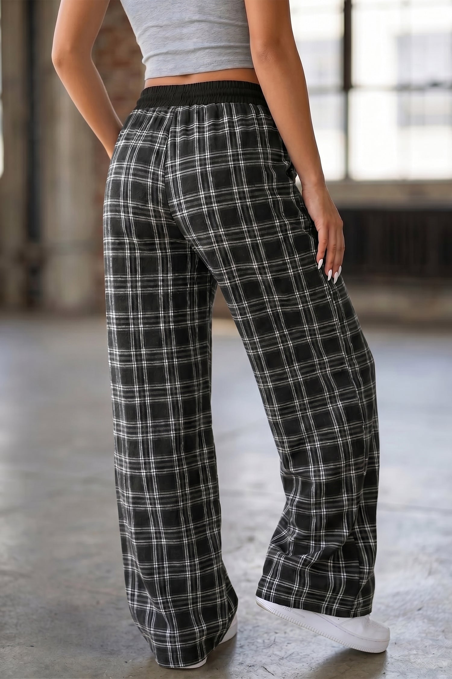Black Frenchy Plaid Pattern Contrast Drawstring Waist Wide Leg Pants