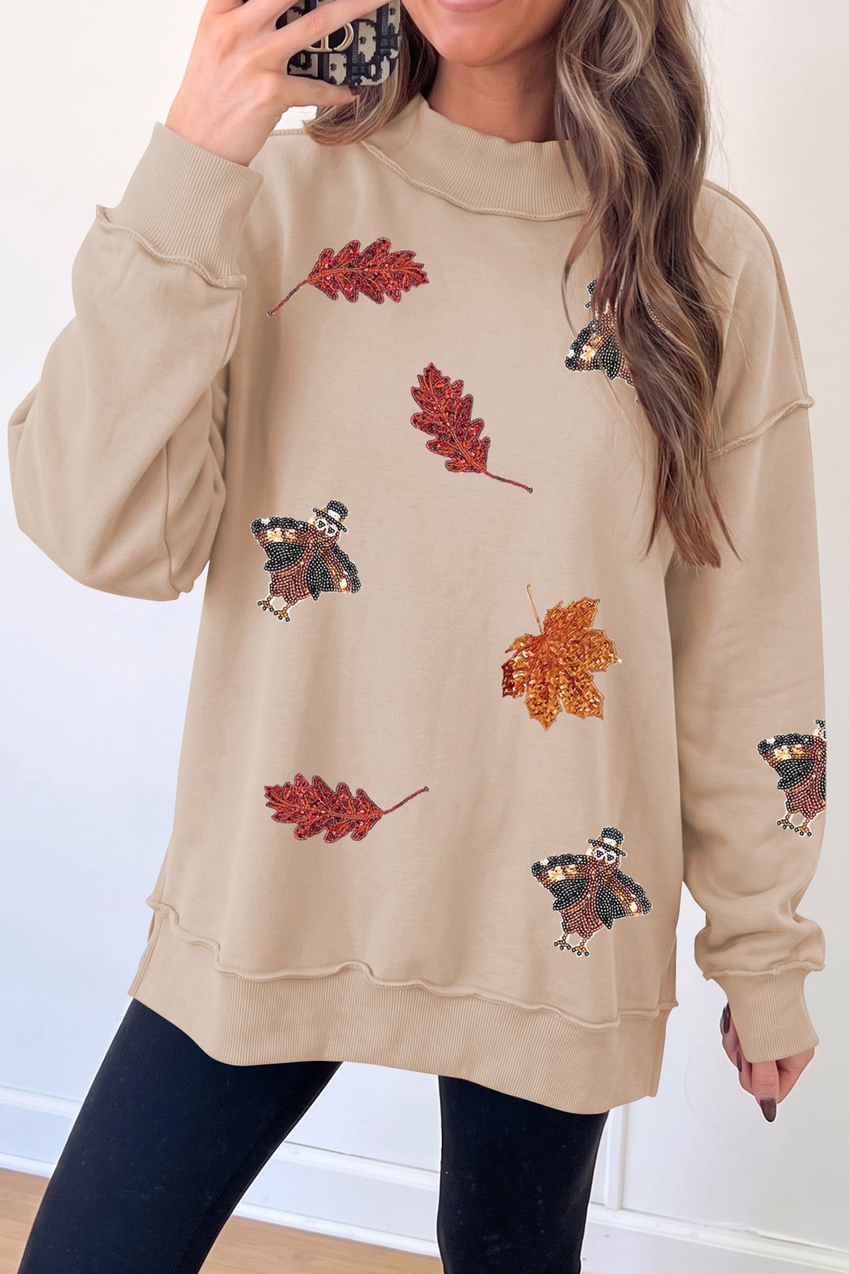Apricot Sequin Turkey Leaf Graphic Exposed Seam Mock Neck Sweatshirt