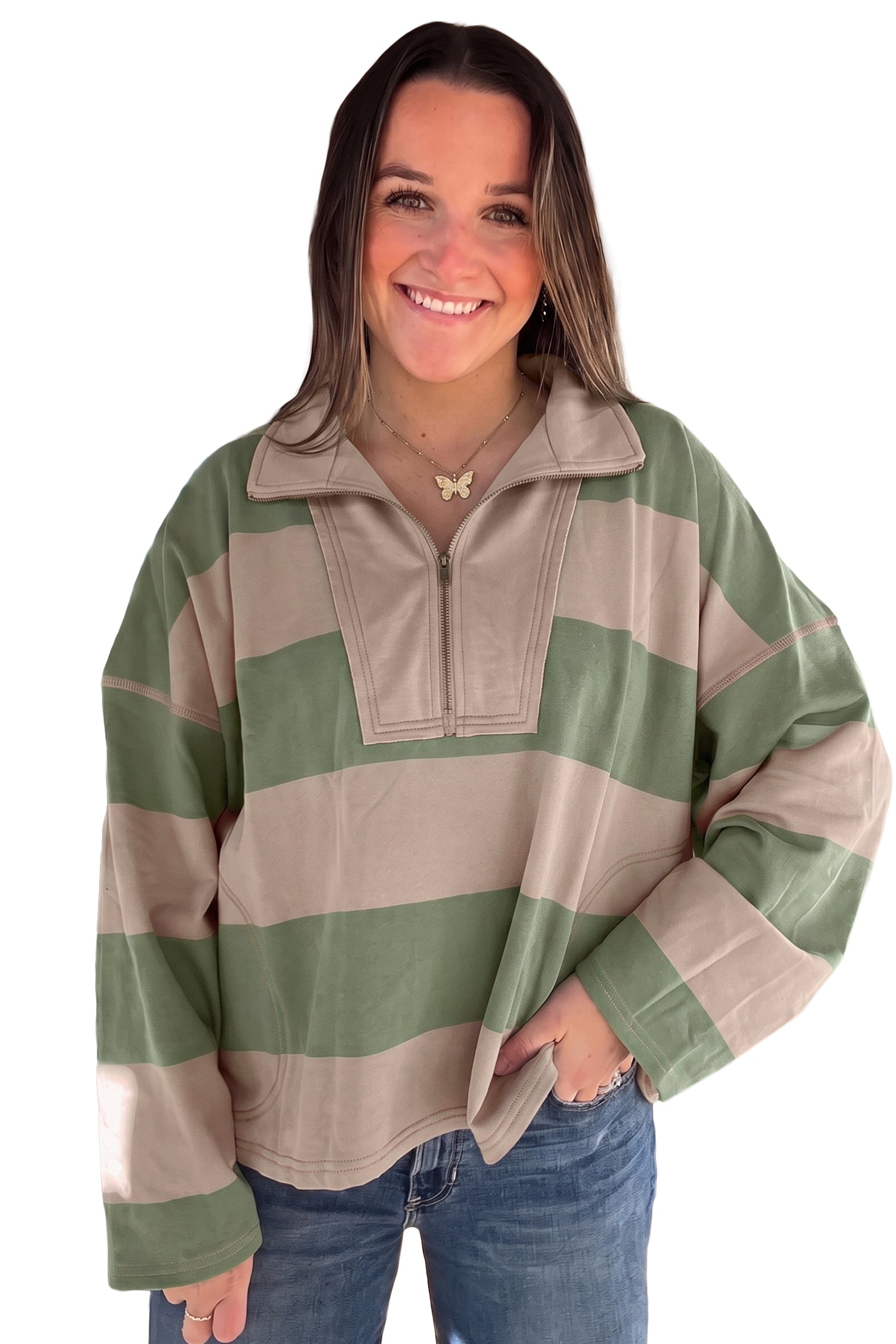 Green Striped Colorblock Zipper Pullover Long Sleeve Loose Top