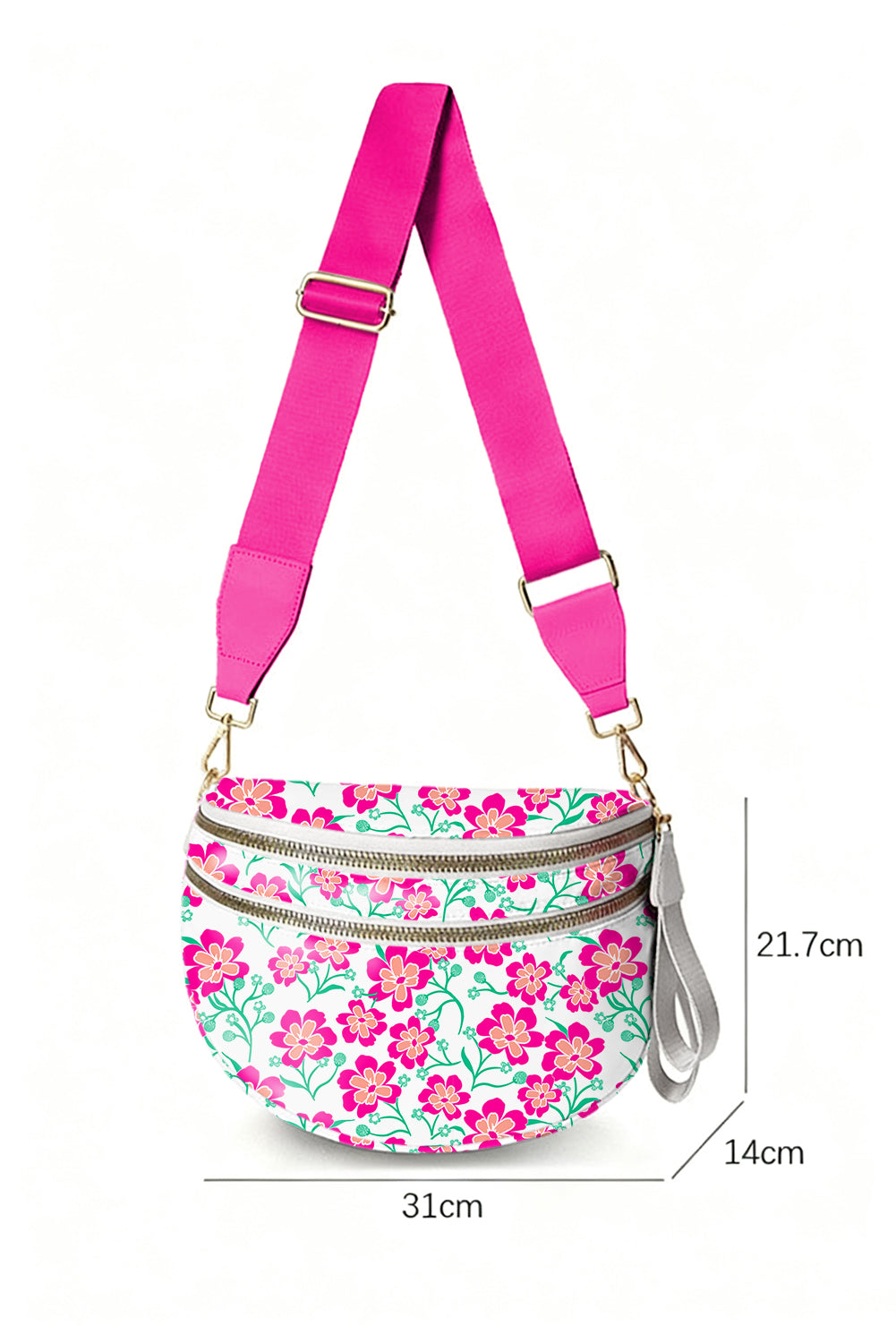 White Floral Printed Double Zip Crossbody Bag