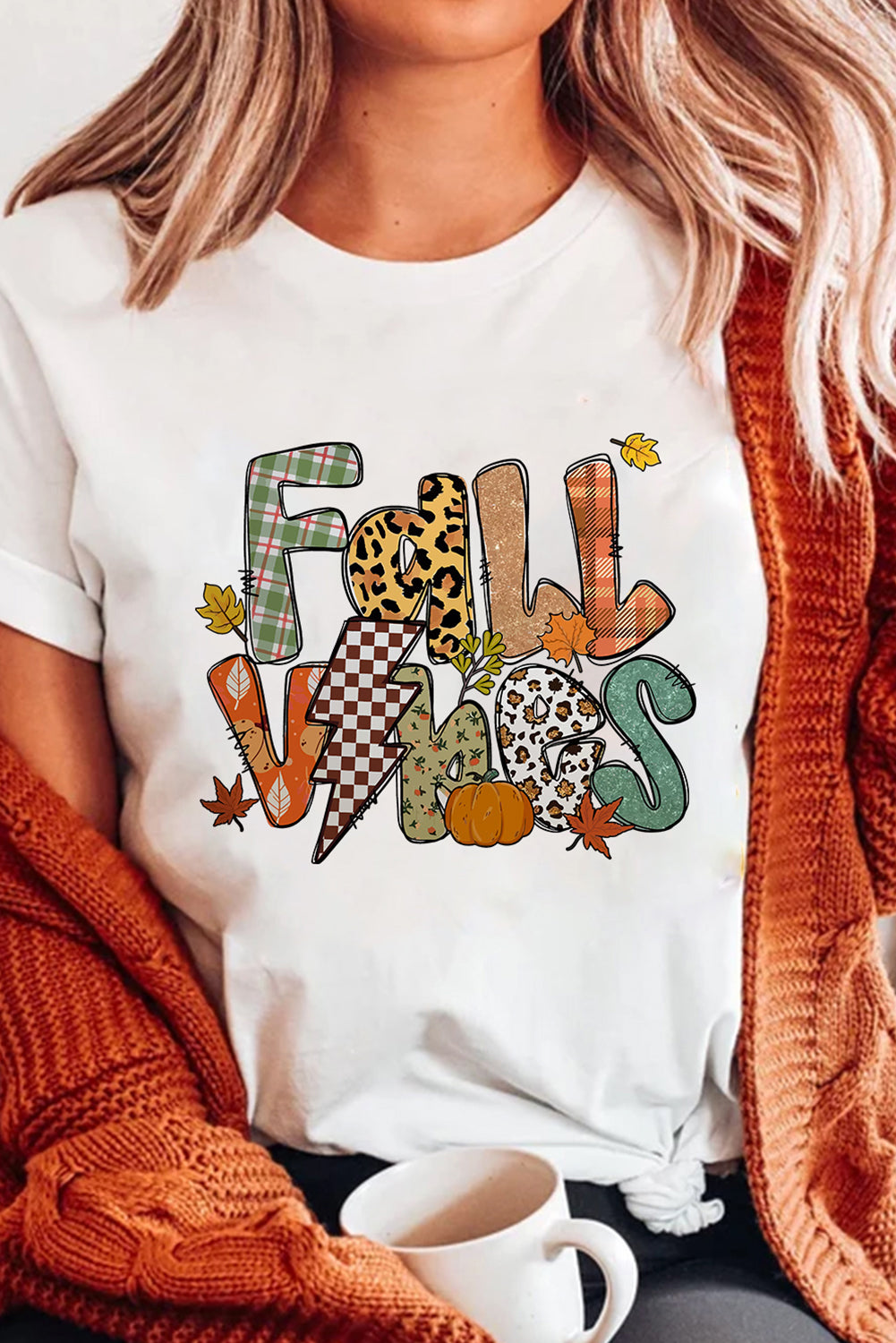 White FALL VIBES Cotton Blend Casual T Shirt