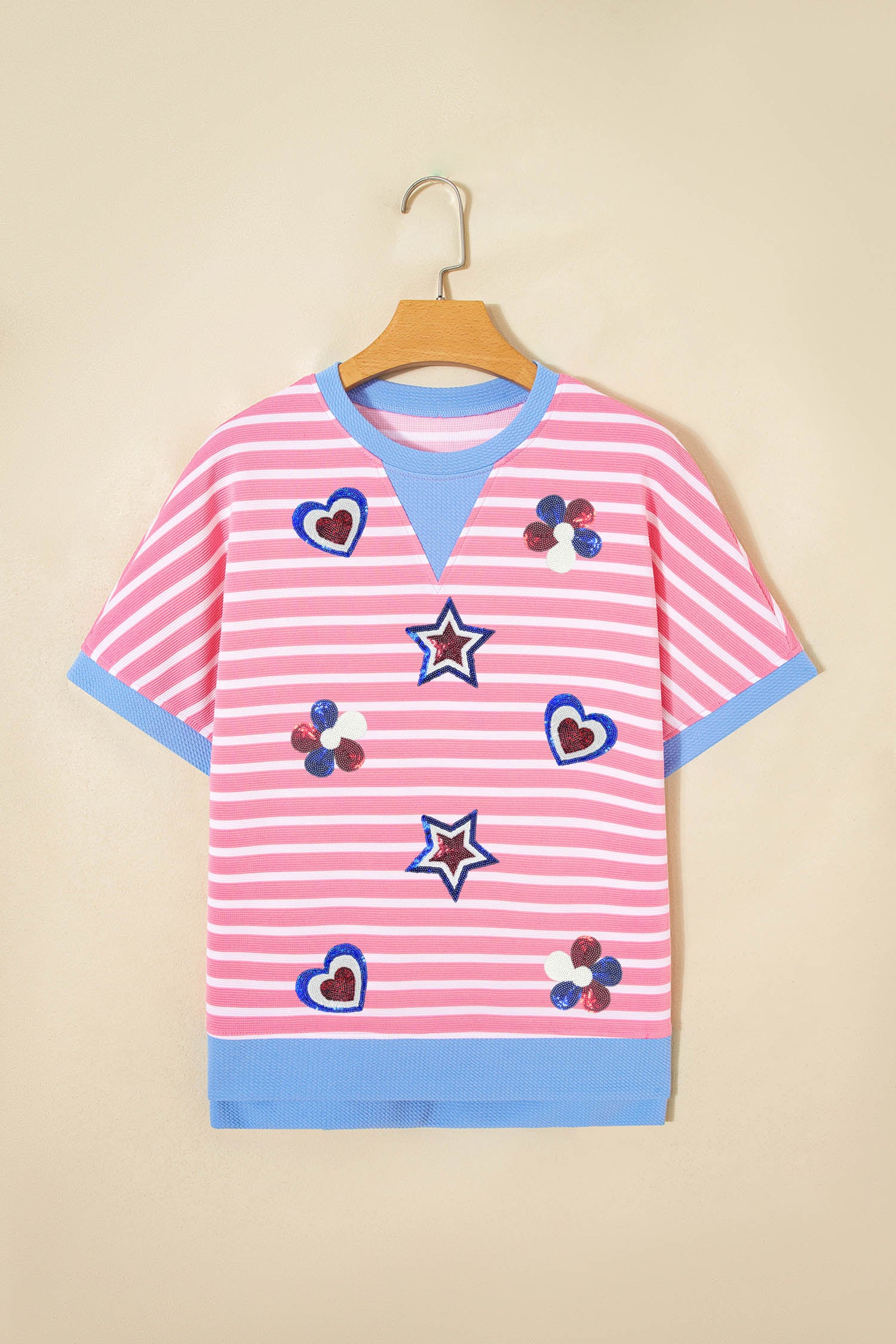 Pink Stripe Patriotic Sequin Patch Short Sleeve Loose Top