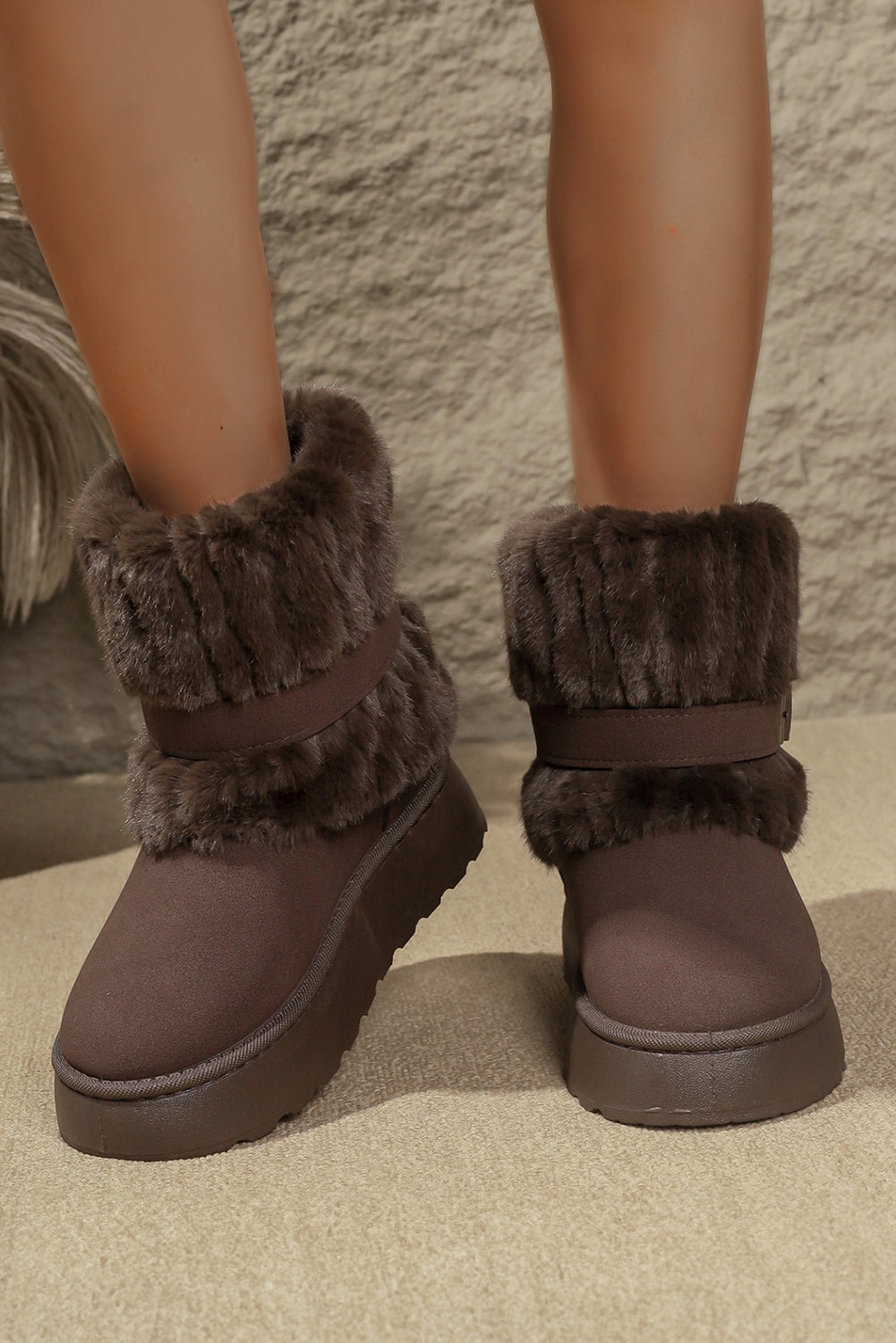 Dark Brown Versatile Fuzzy Cuff Faux Suede PU Leather Slip On Lug Sole Ankle Booties