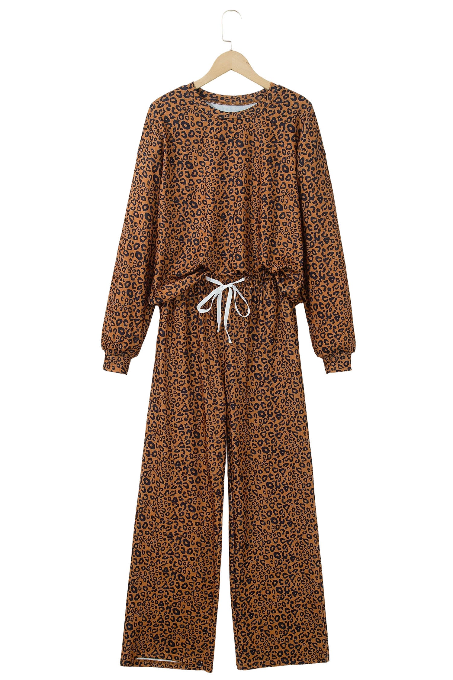 Brown Leopard Print Long Sleeve Top Relaxed Pant Set