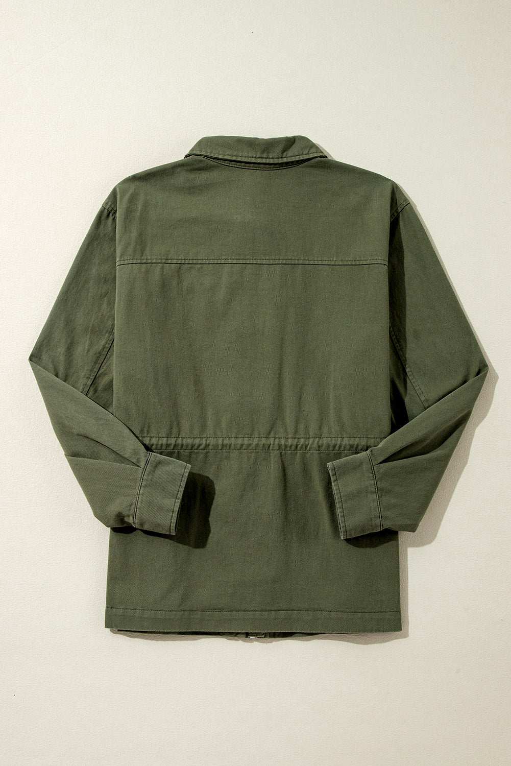 Moss Green Snap Button Zipper Tight Waist Collared Jacket