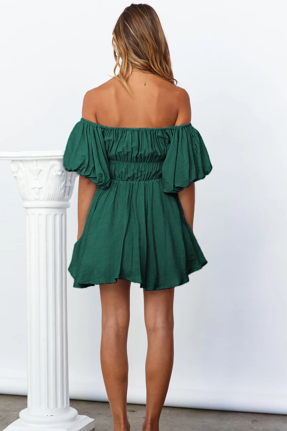 Green-2 Solid Color Shirred Bubble Sleeve Off Shoulder Babydoll Dress