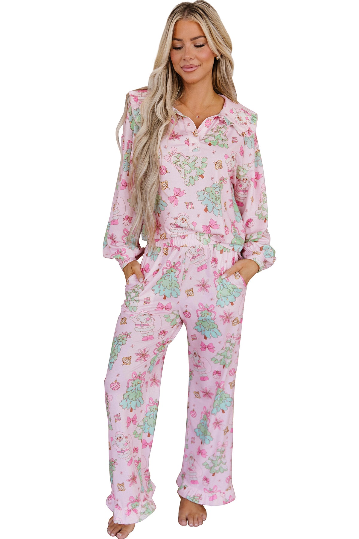 Pink Christmas Print Button Front Long Sleeve Lounge Set