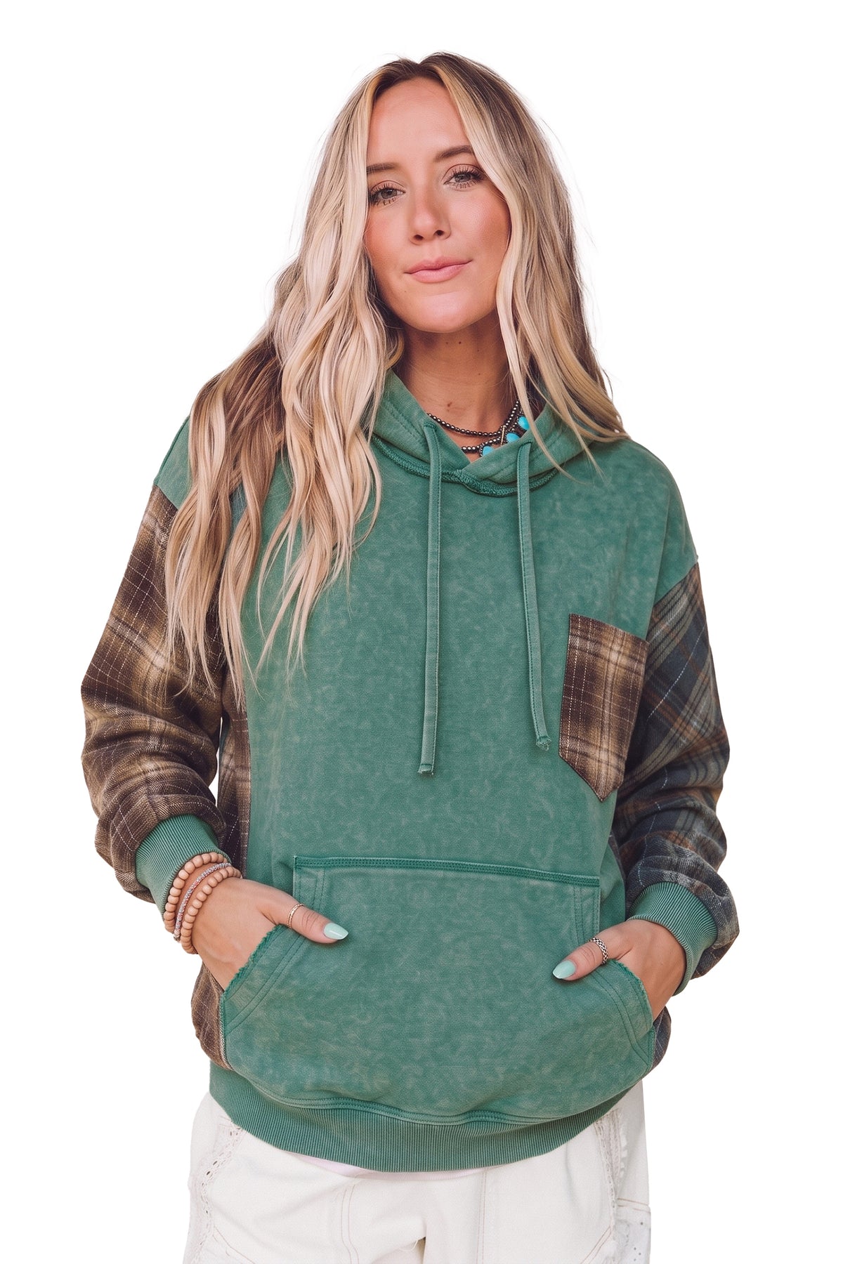 Smoke Green Plaid Colorblock Hoodie