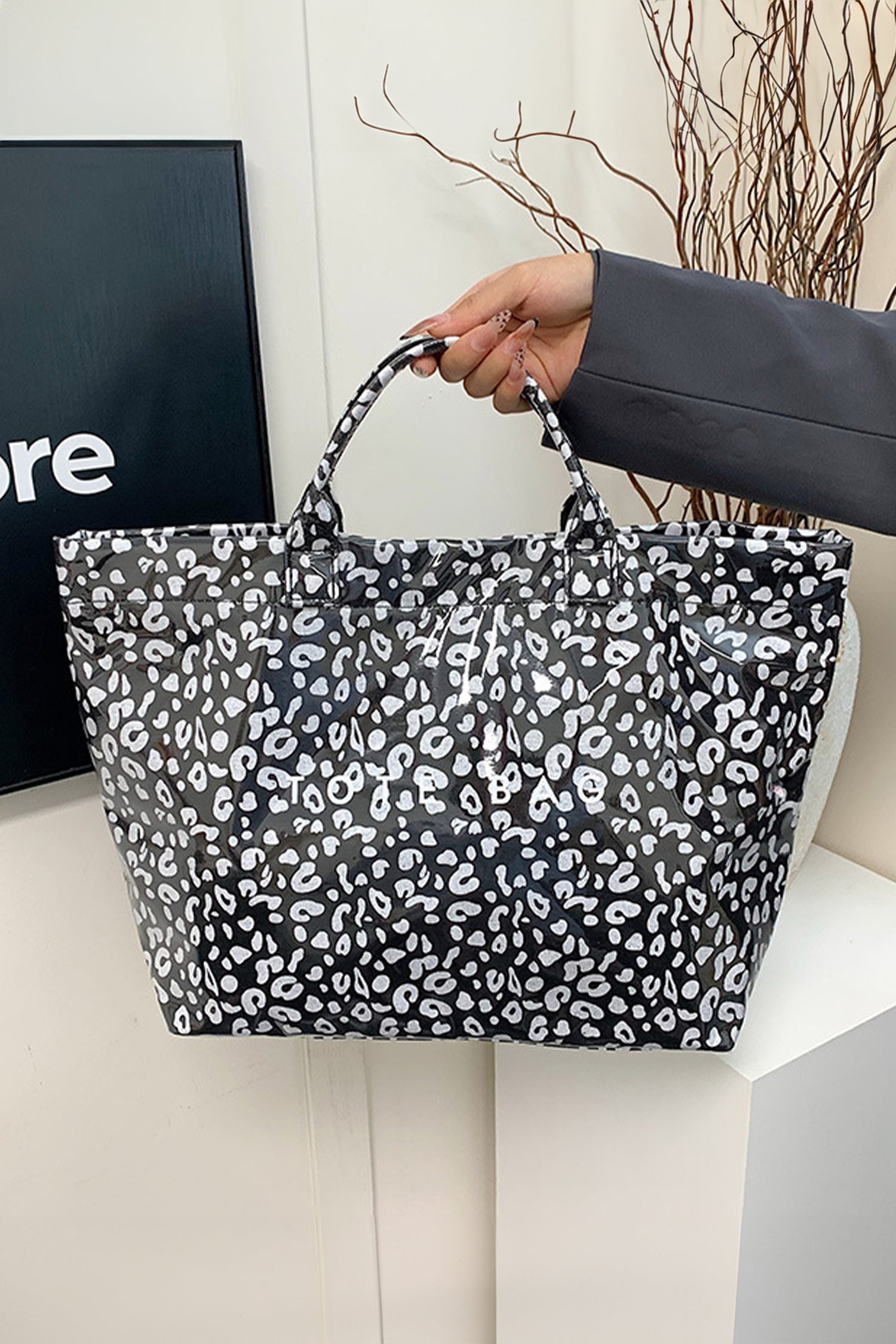 Color black Leopard PU Leather Water Proof Tote Bag