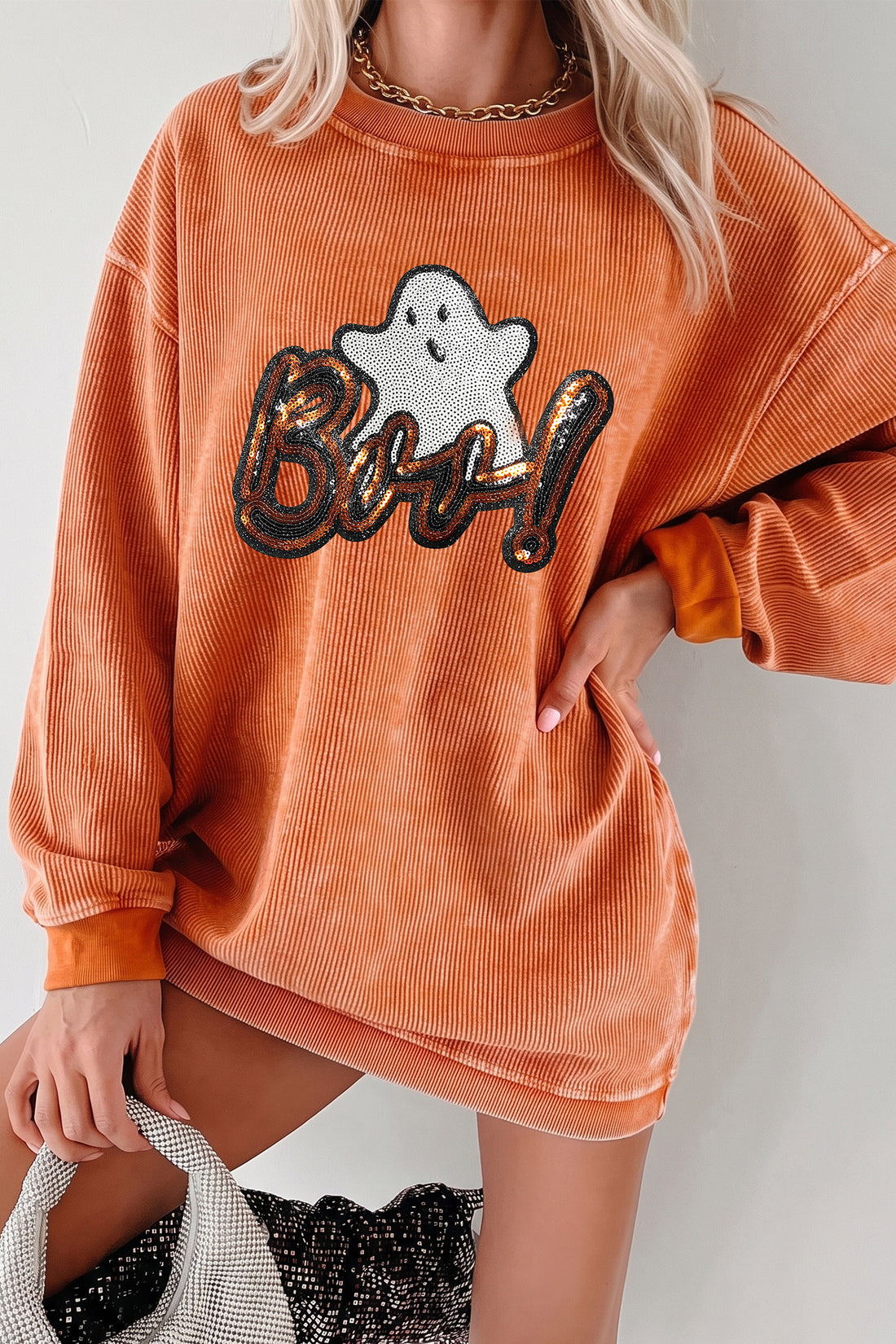 Orange Sequin Ghost Letter Graphic Halloween Corded Sweatshirt